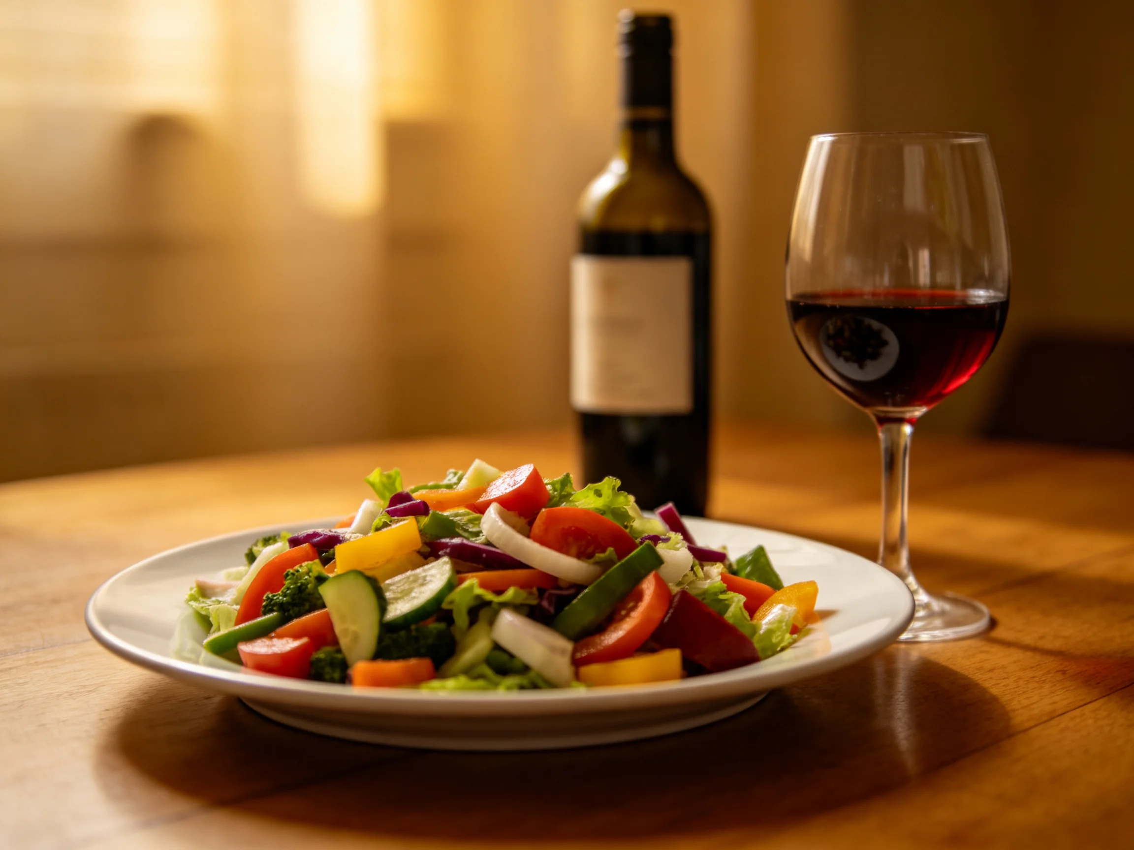A vibrant mixed vegetable salad served with red wine on a wooden table