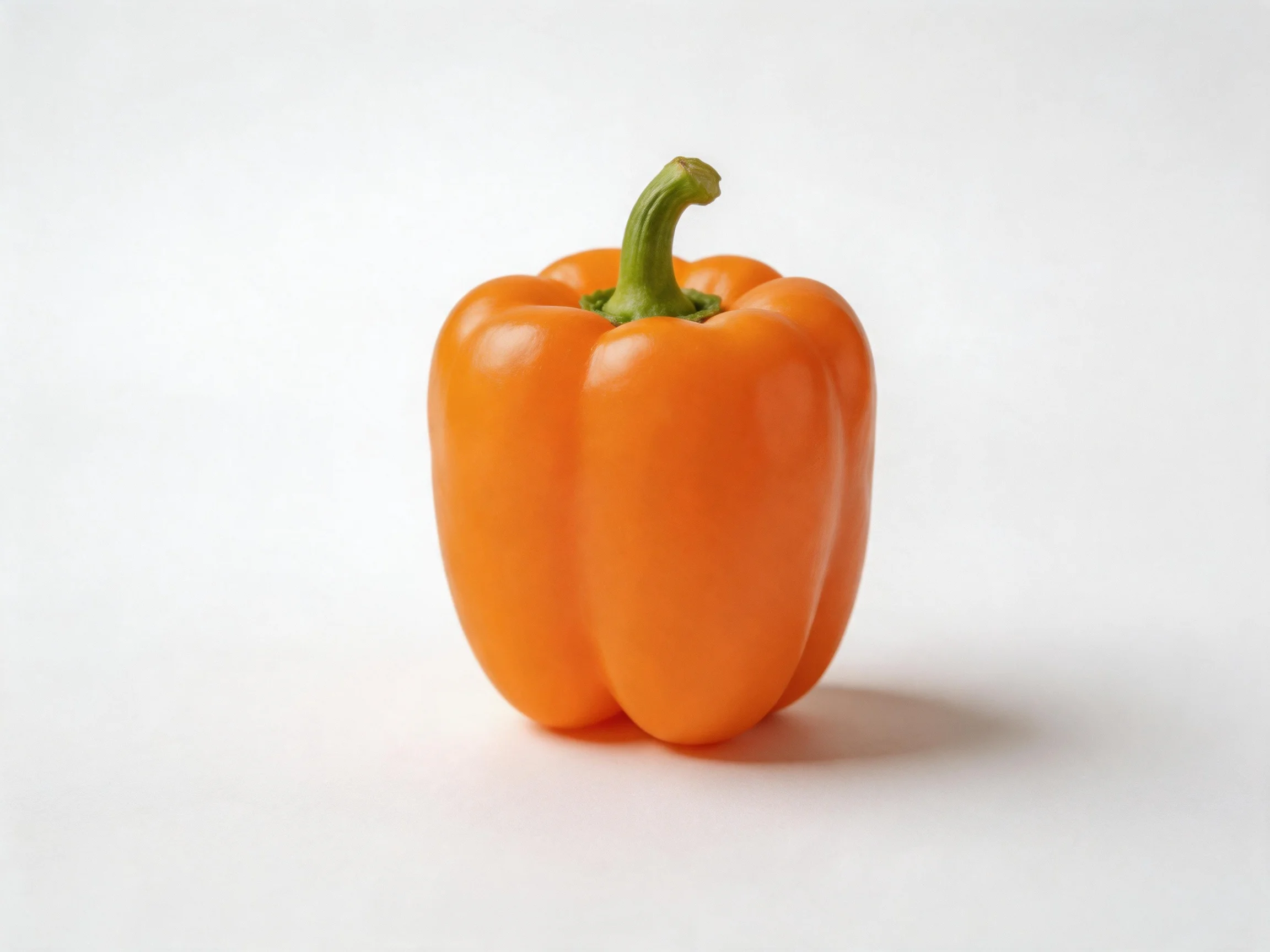 A vibrant orange bell pepper centered on a plain white background
