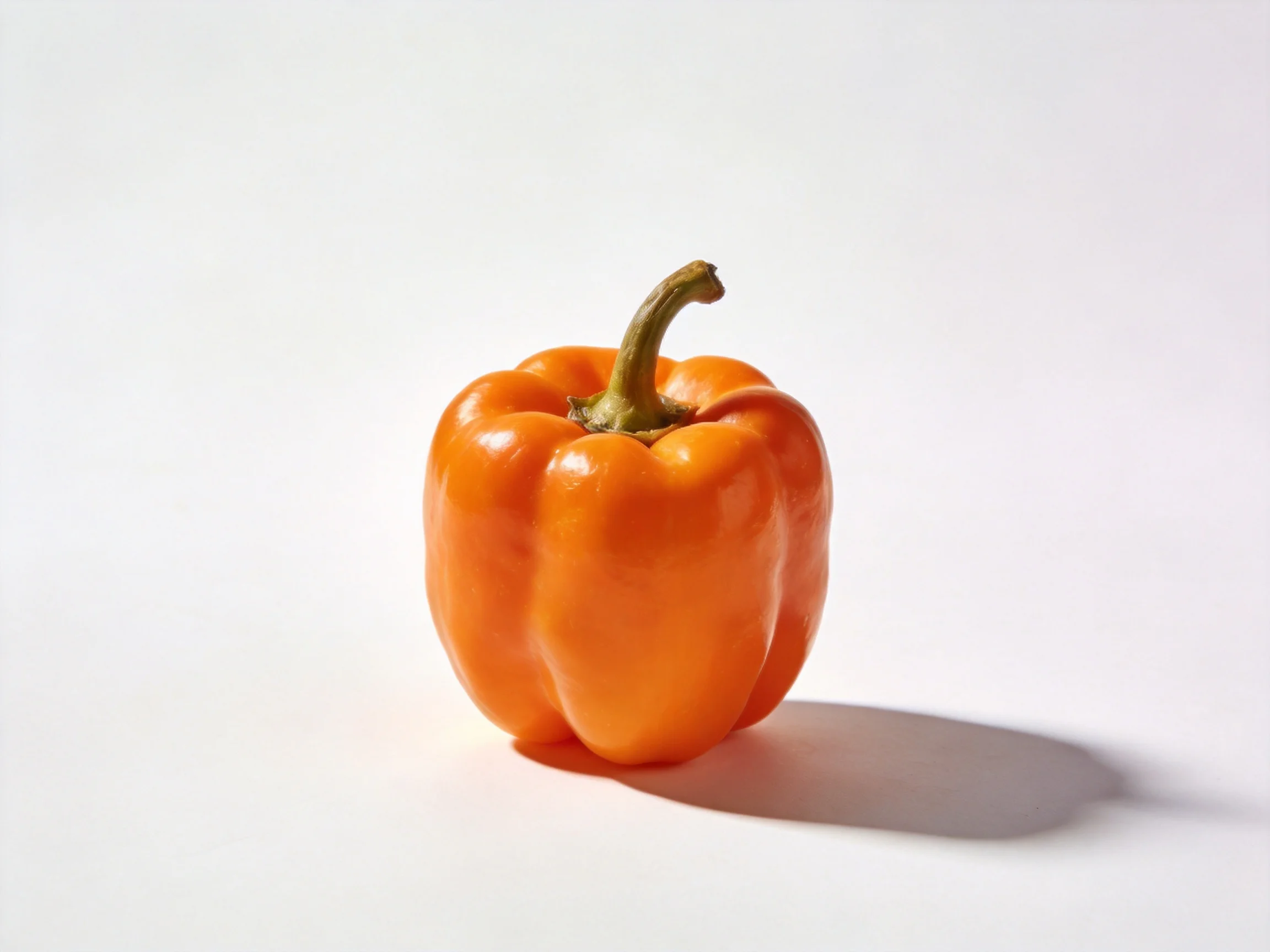 A vibrant orange bell pepper centered on a plain white surface