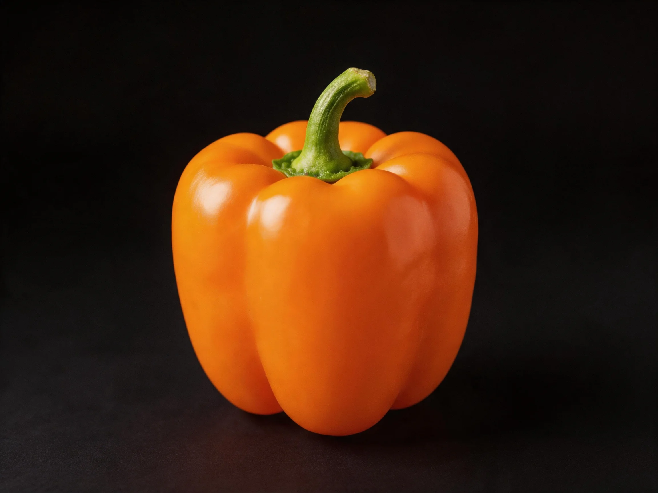A vibrant orange bell pepper displayed on a solid black background