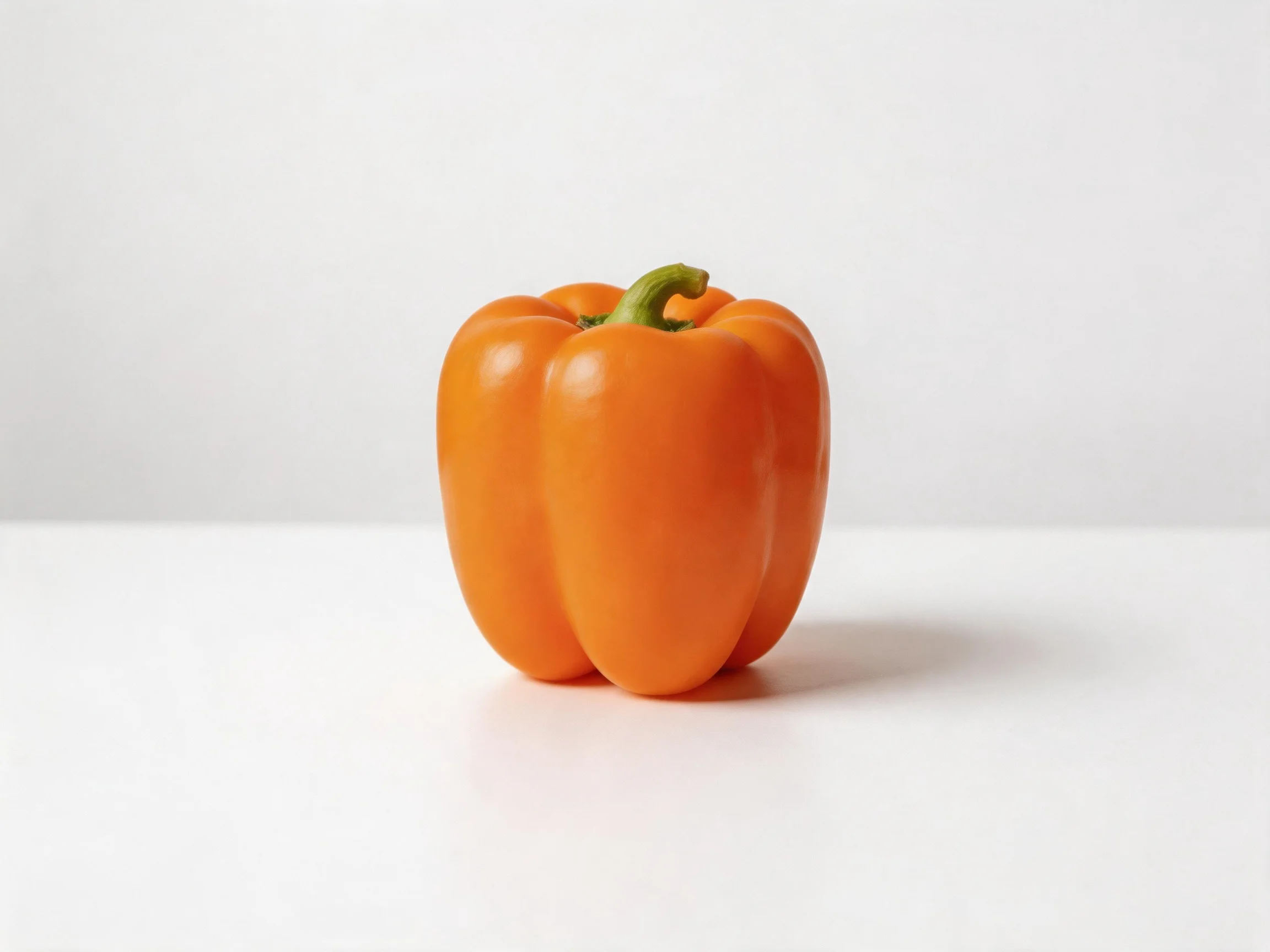 A vibrant orange bell pepper sits centered on a plain white surface
