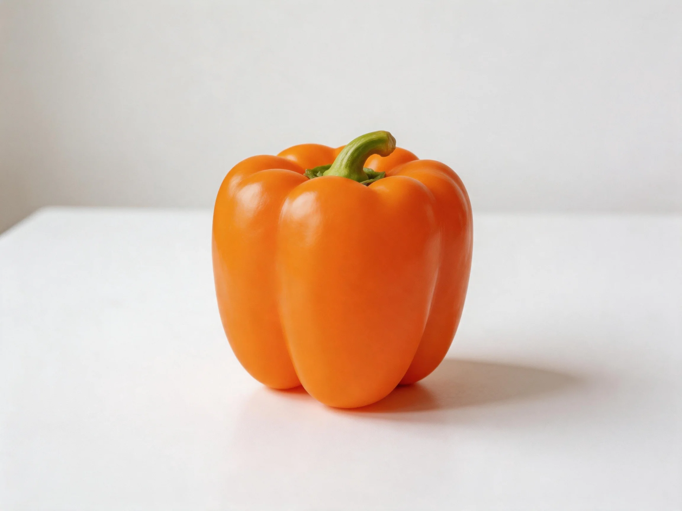 A vibrant orange bell pepper sits centered on a white surface