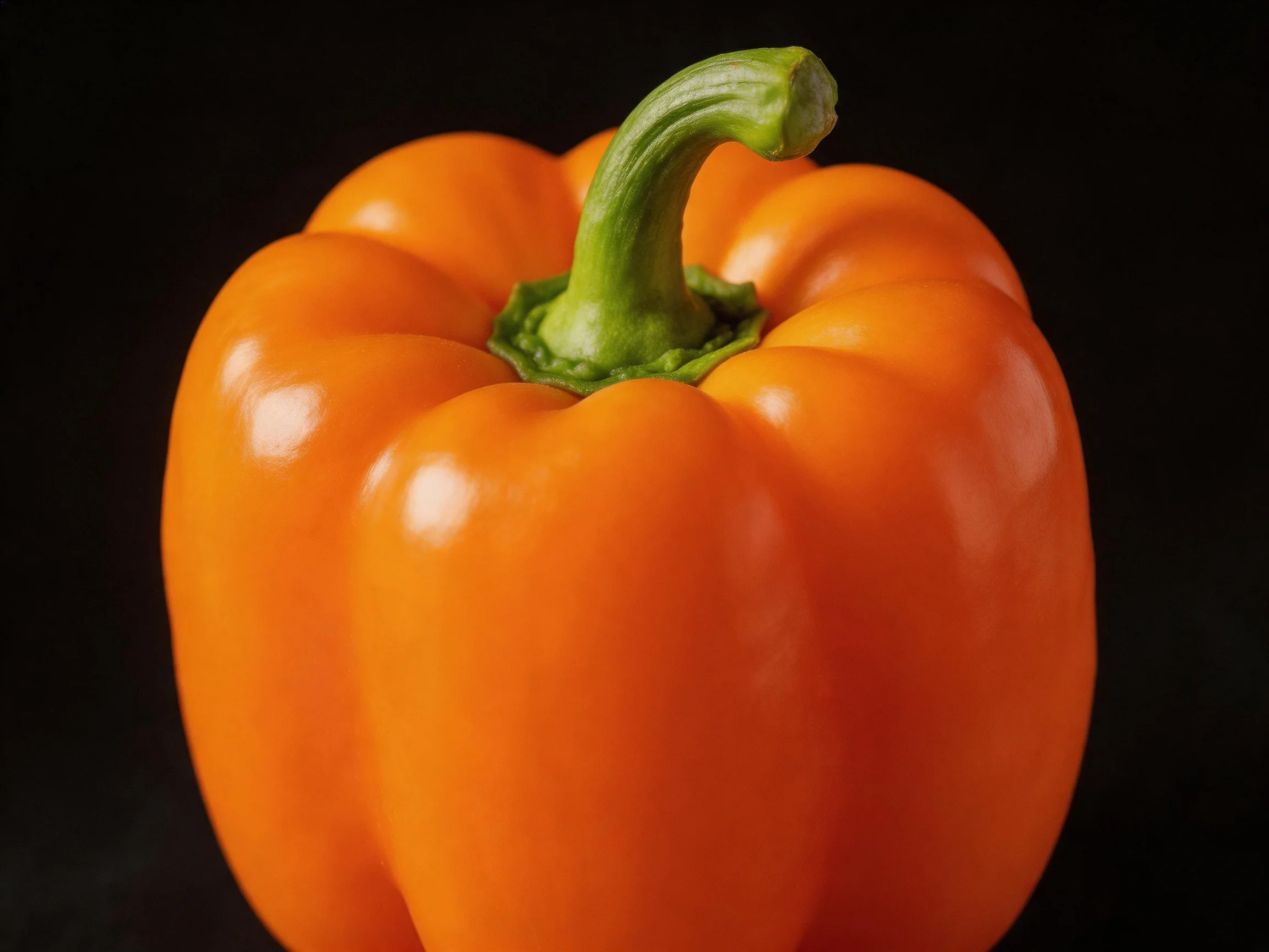 A vibrant orange bell pepper with a curved green stem against a black backdrop