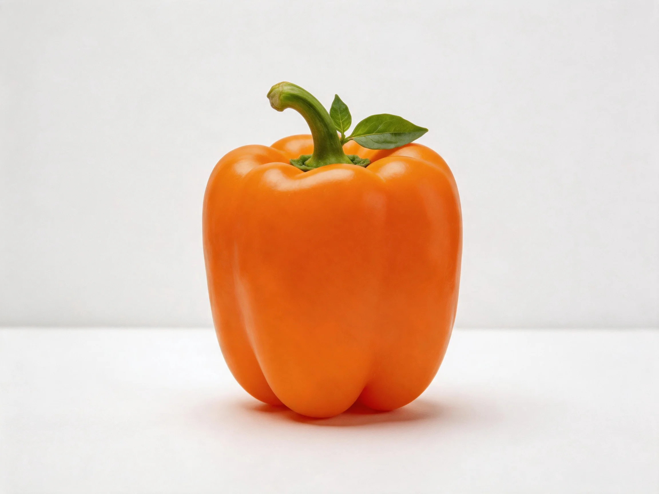 A vibrant orange bell pepper with green stem and fresh leaves