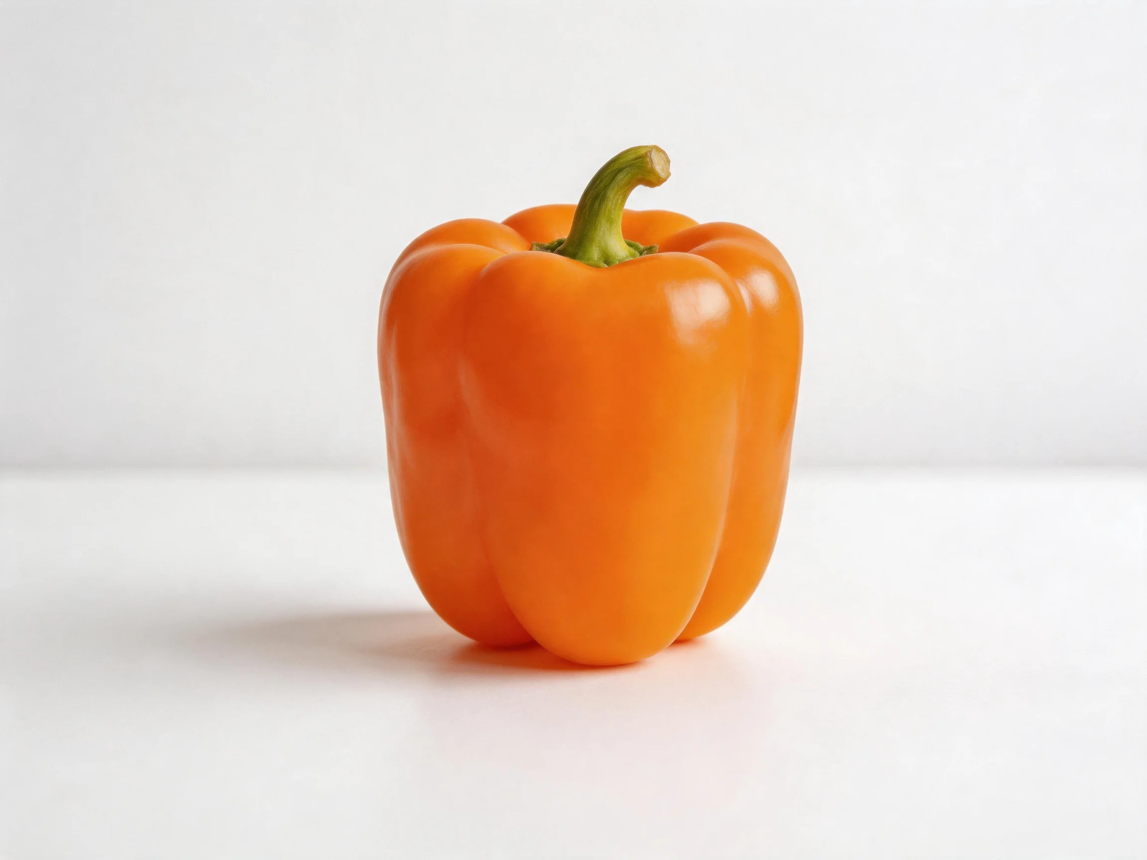 A vibrant orange bell pepper with green stem on white surface