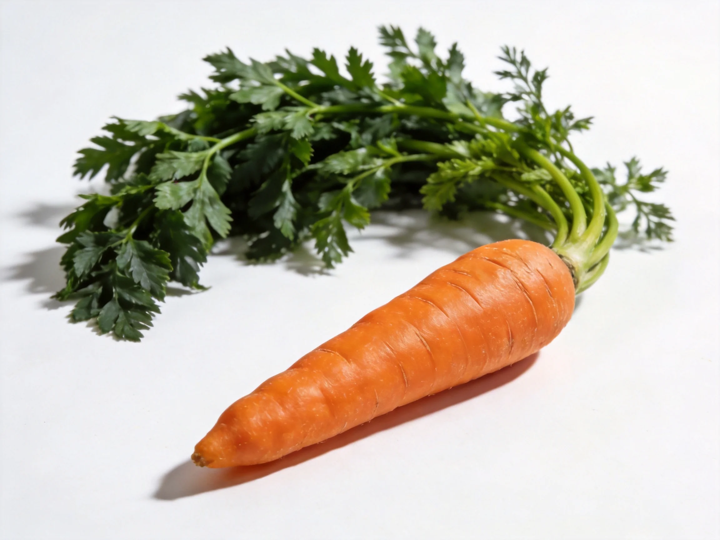 A vibrant orange carrot with fresh green foliage