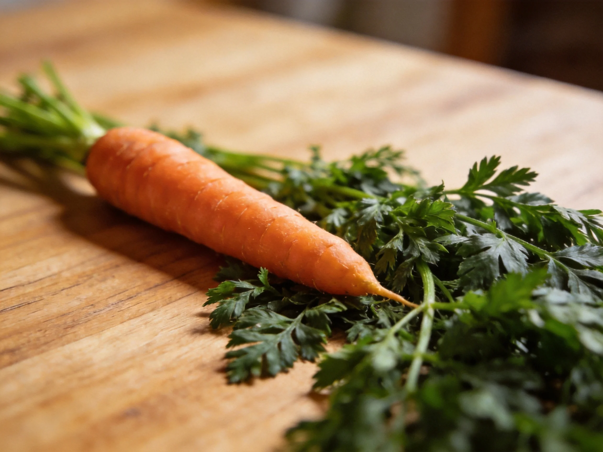 A vibrant orange carrot with fresh green foliage on a wooden surface