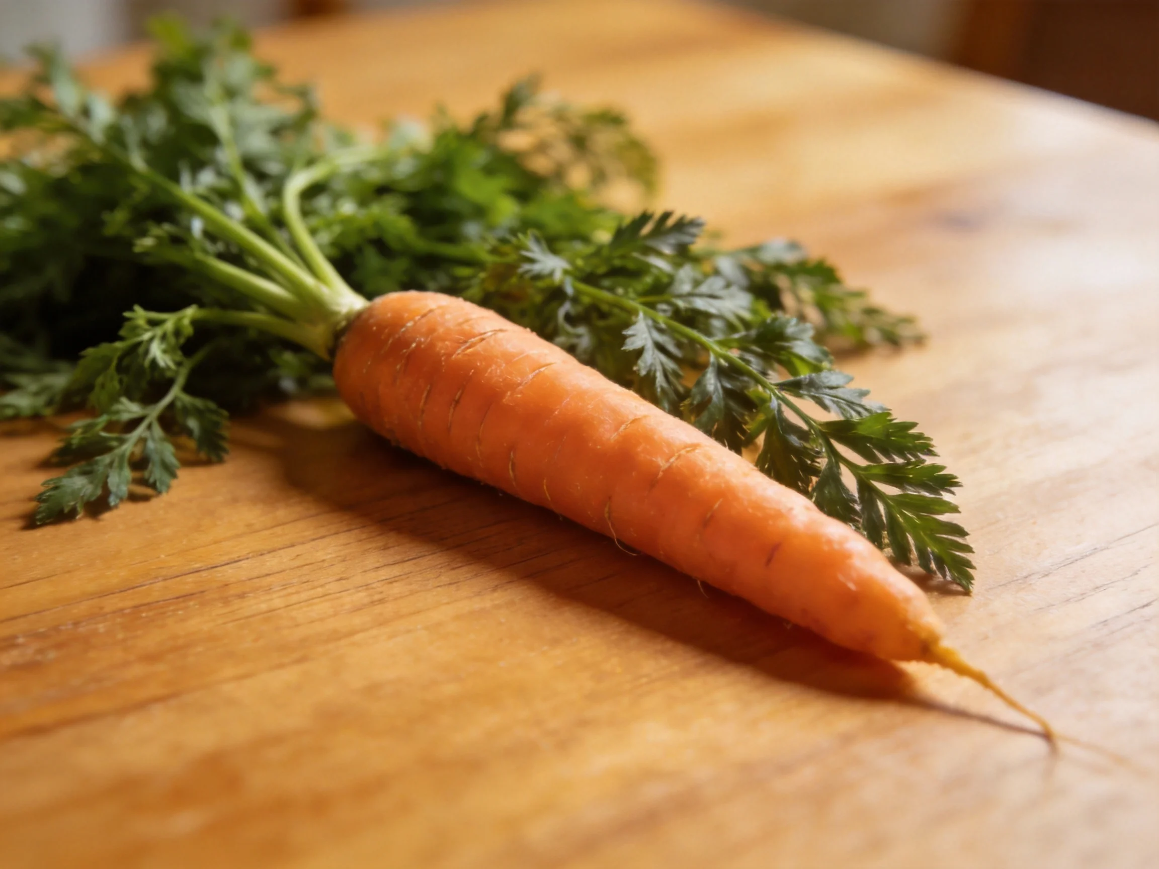 A vibrant orange carrot with fresh green foliage rests on a smooth wooden surface