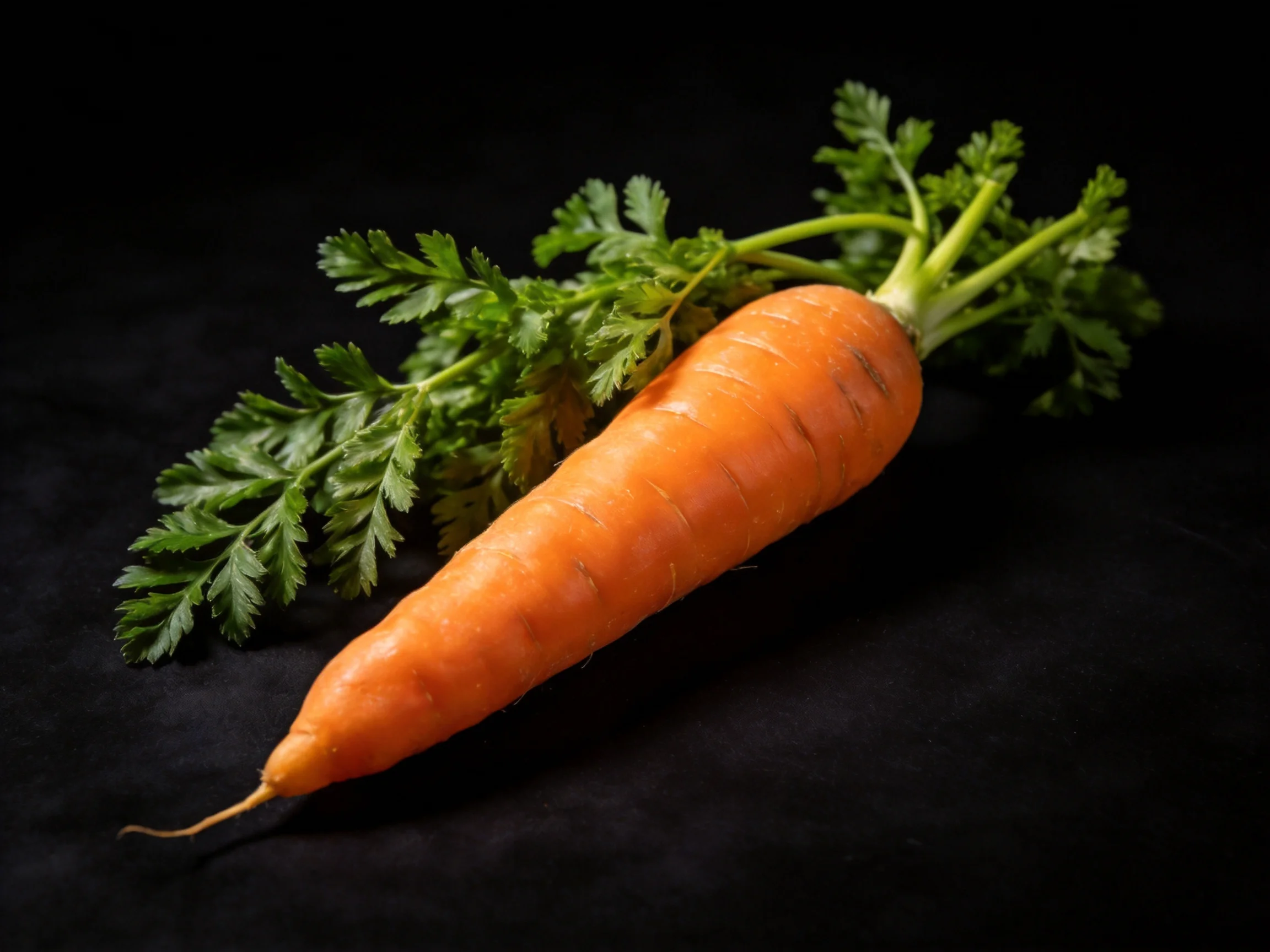 A vibrant orange carrot with fresh green leafy tops on a black surface