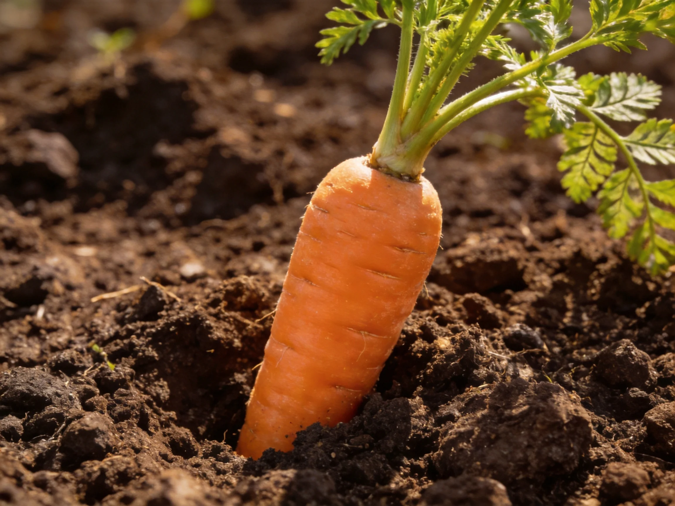 A vibrant orange carrot with green foliage growing from dark brown soil