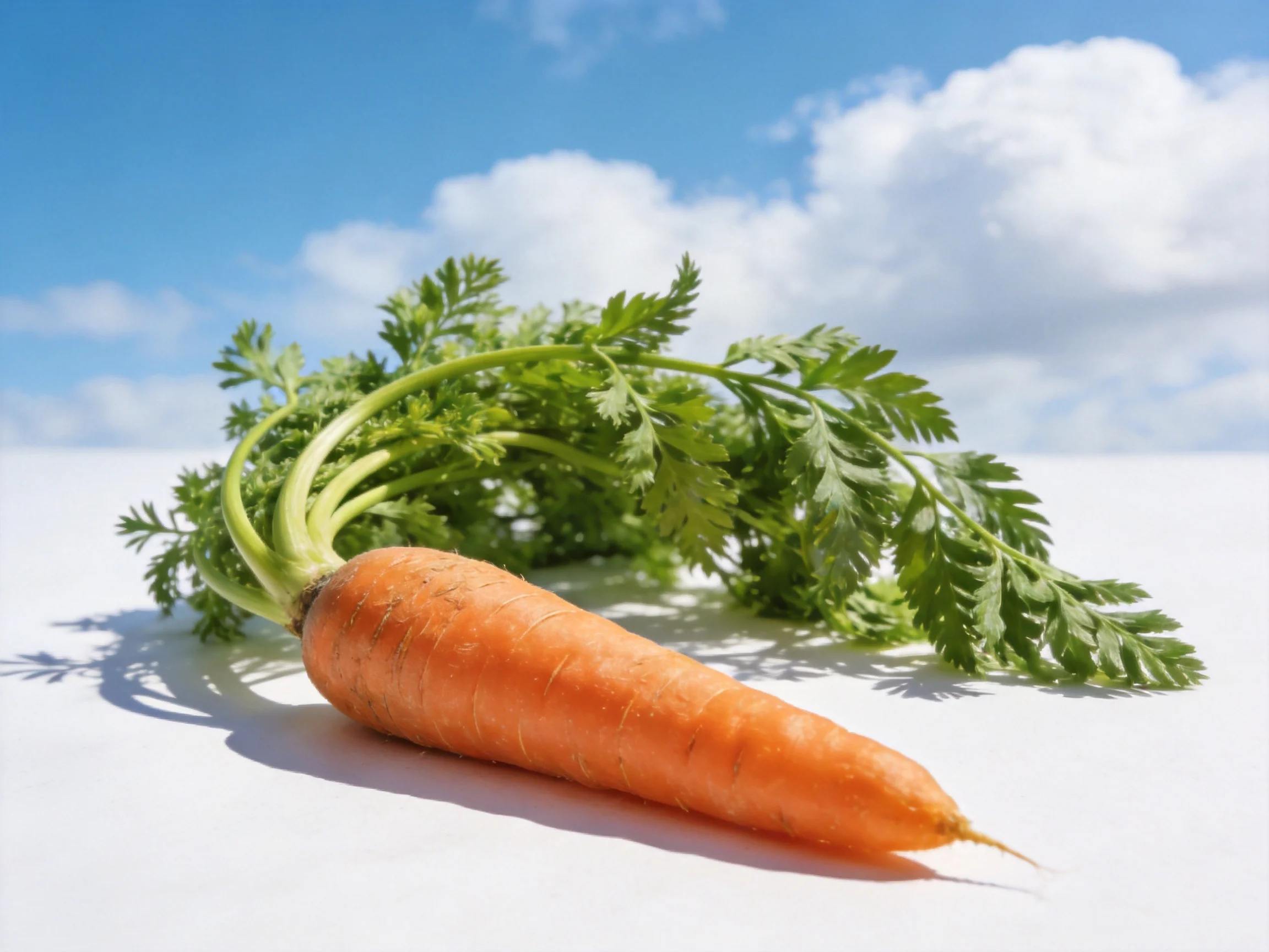 A vibrant orange carrot with leafy greens rests on a white surface beneath a clear blue sky.
