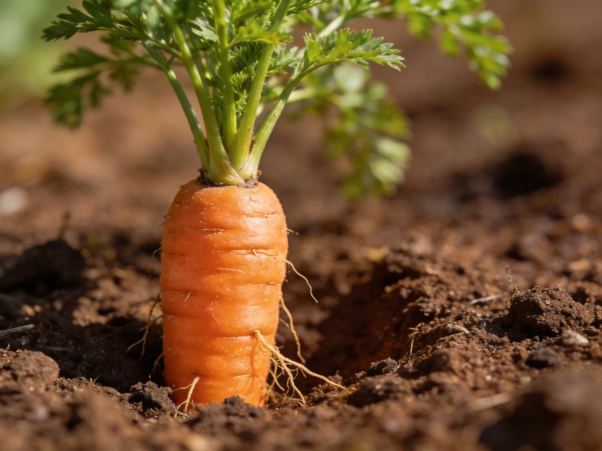 A vibrant orange carrot with lush green foliage emerging from dark brown soil
