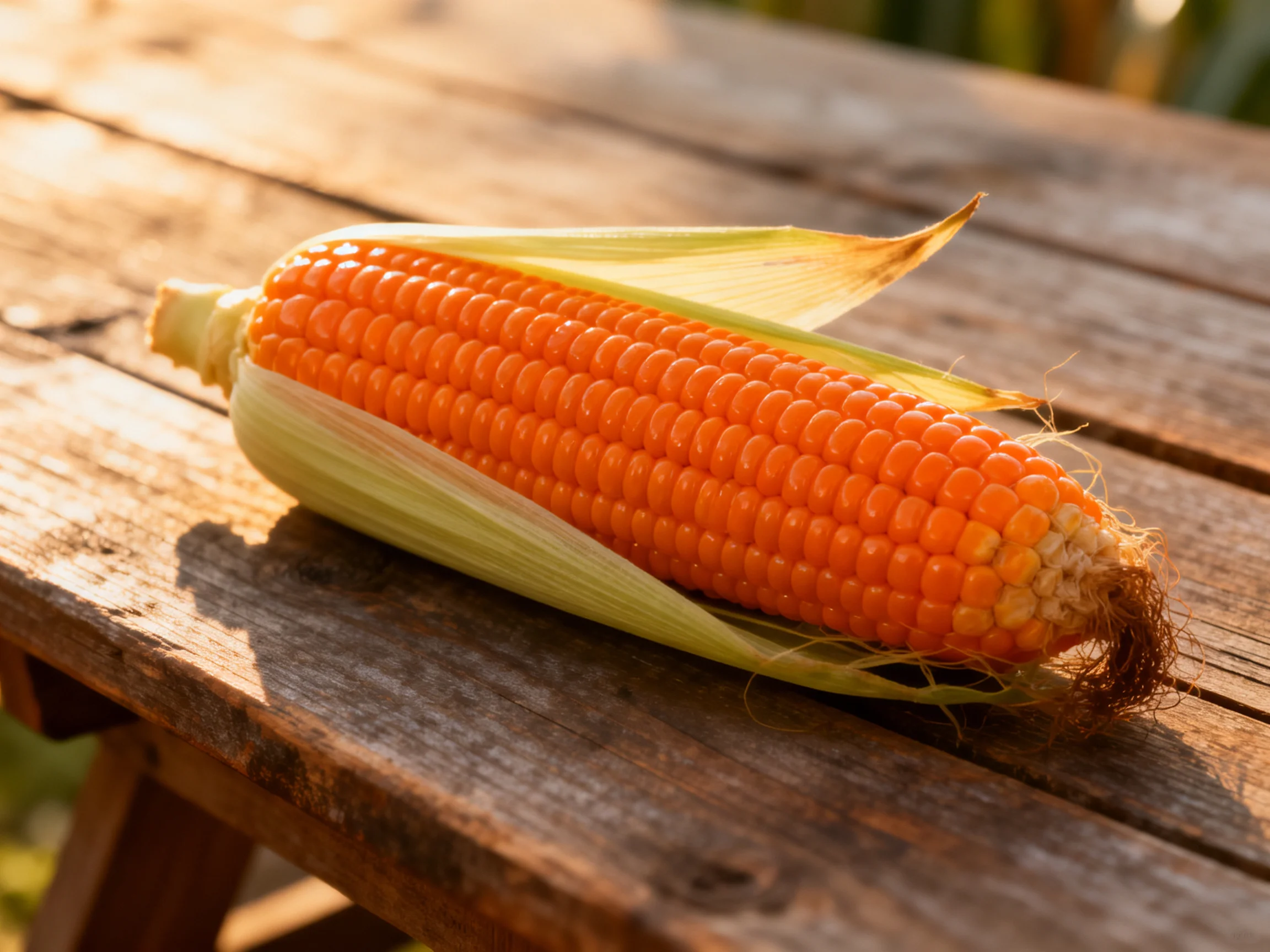 A vibrant orange ear of corn rests on an aged wooden table