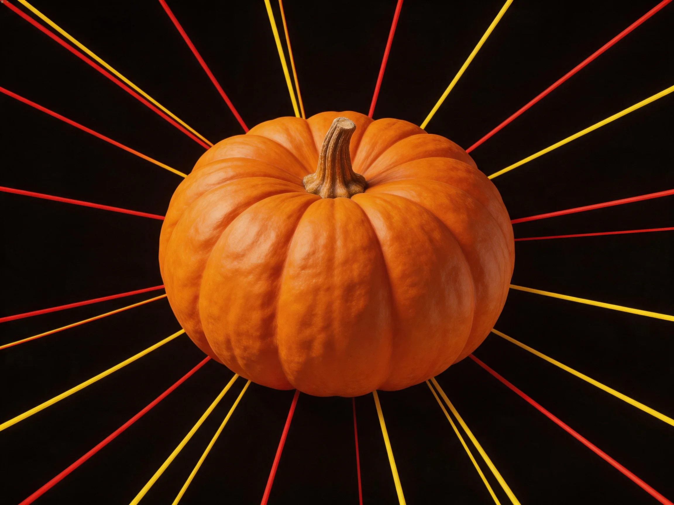 A vibrant orange pumpkin centered with radiating red and yellow lines