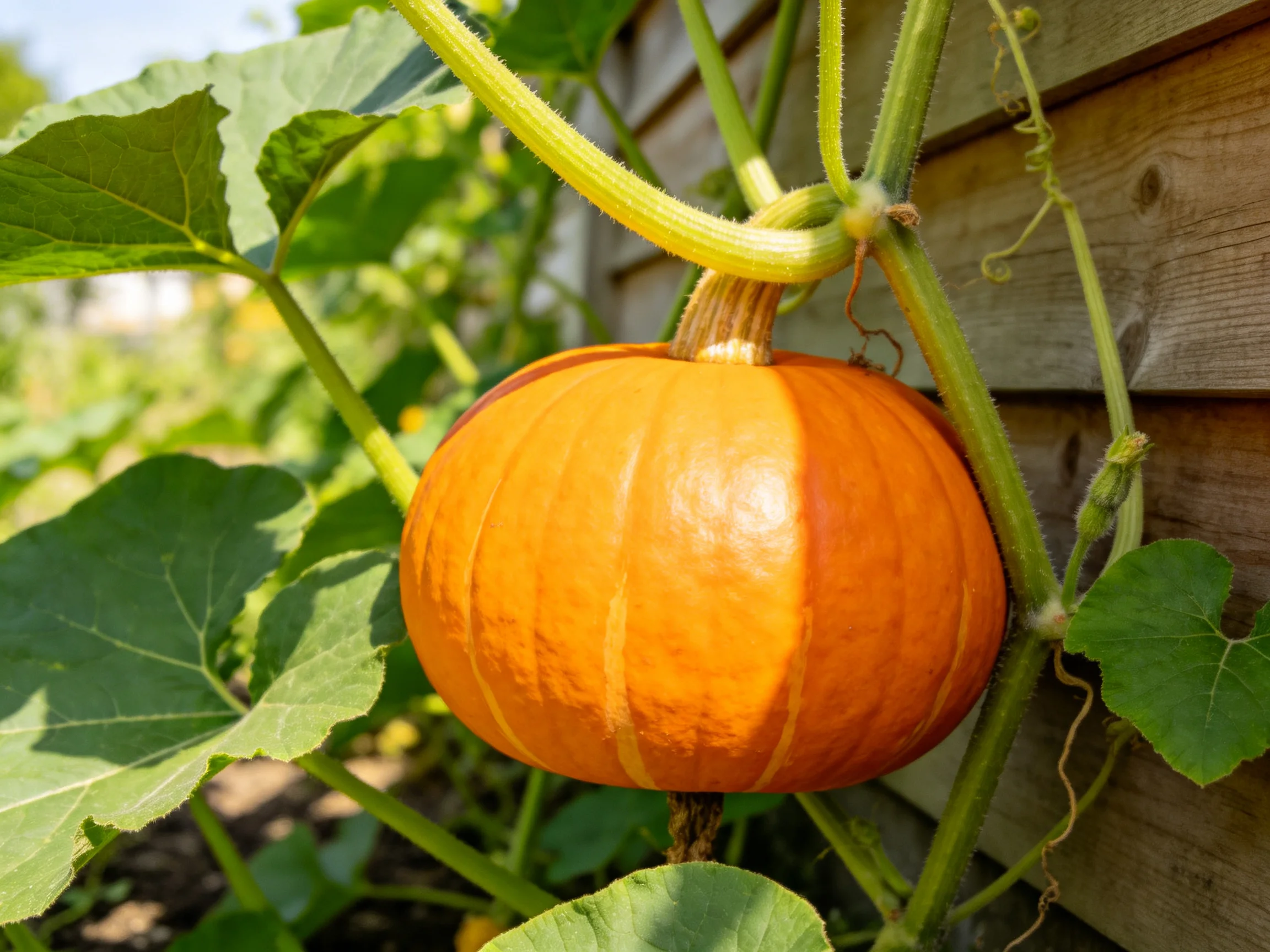 A vibrant orange pumpkin grows on a vine near a wooden fence