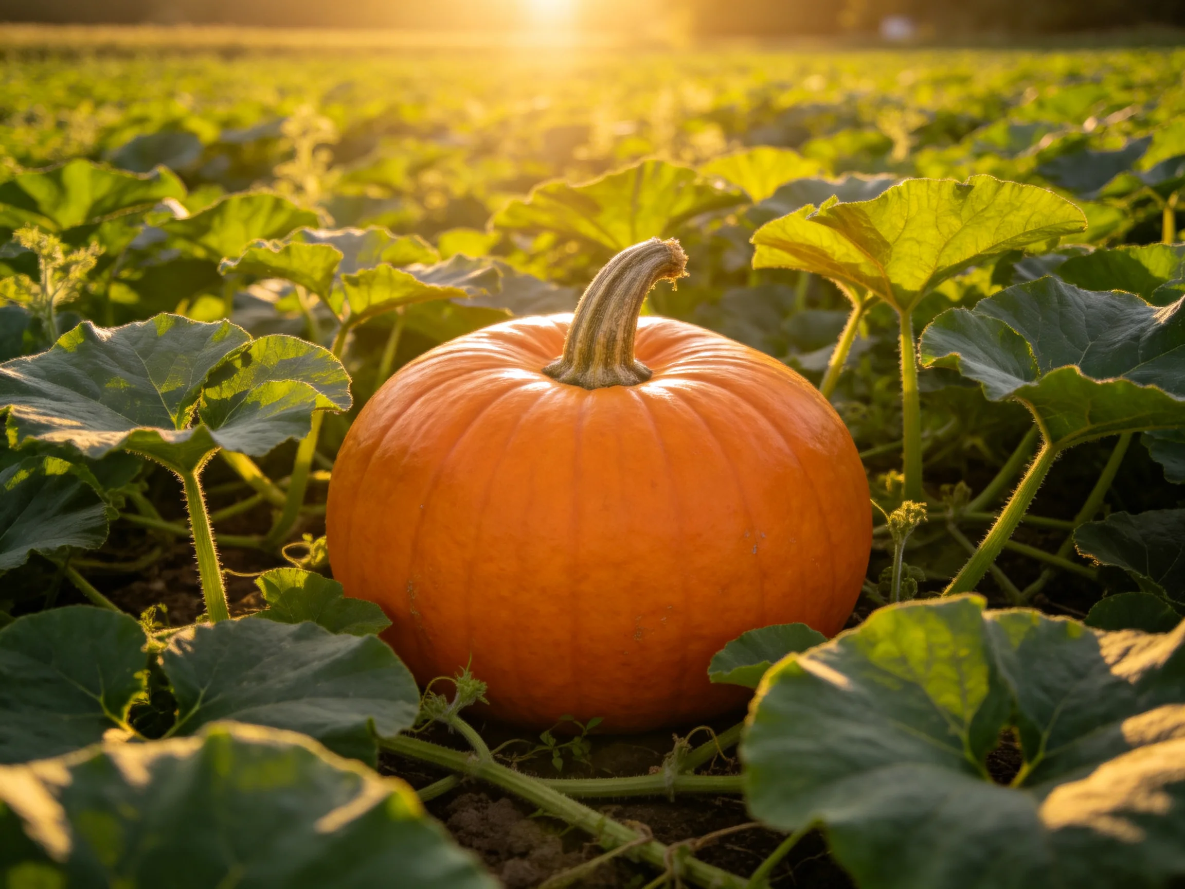 A vibrant orange pumpkin nestled among lush green foliage in a sunlit farm field