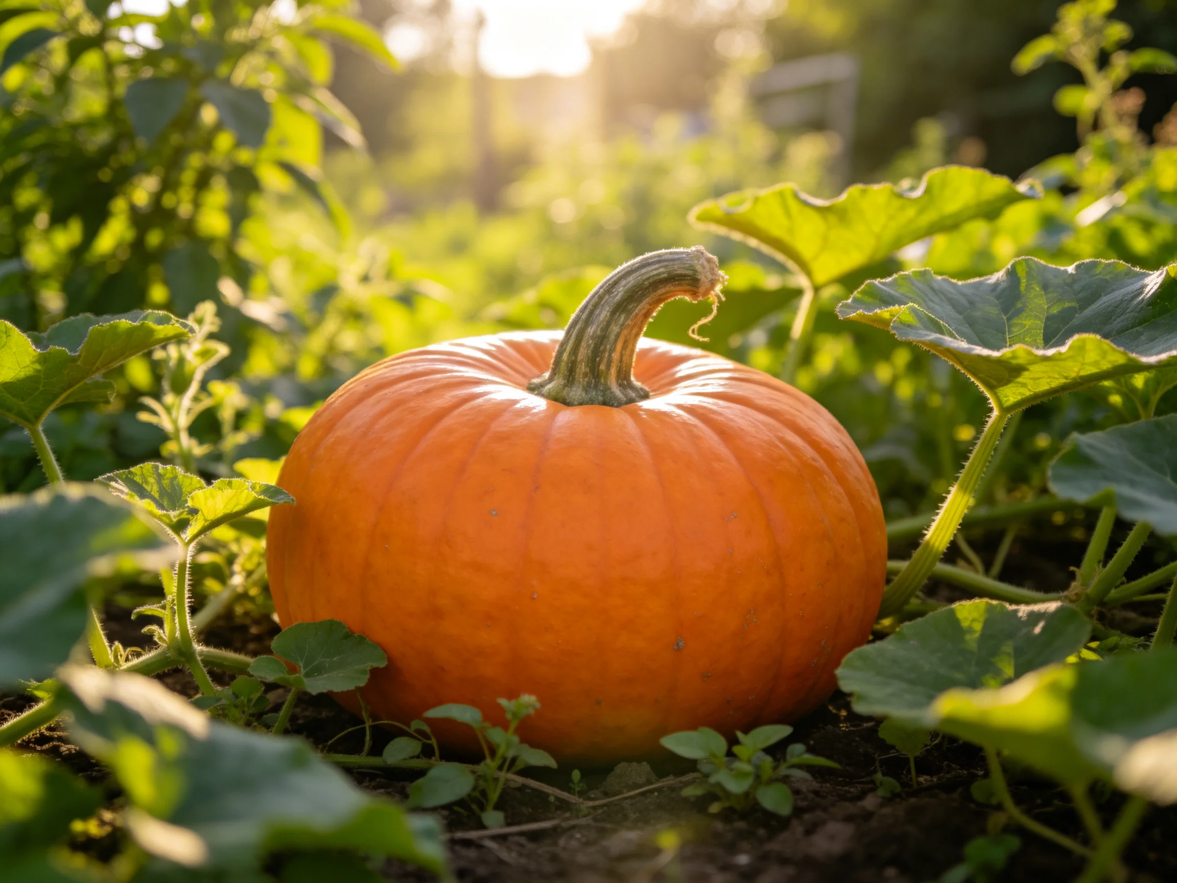 A vibrant orange pumpkin rests amid lush greenery in a sunlit garden