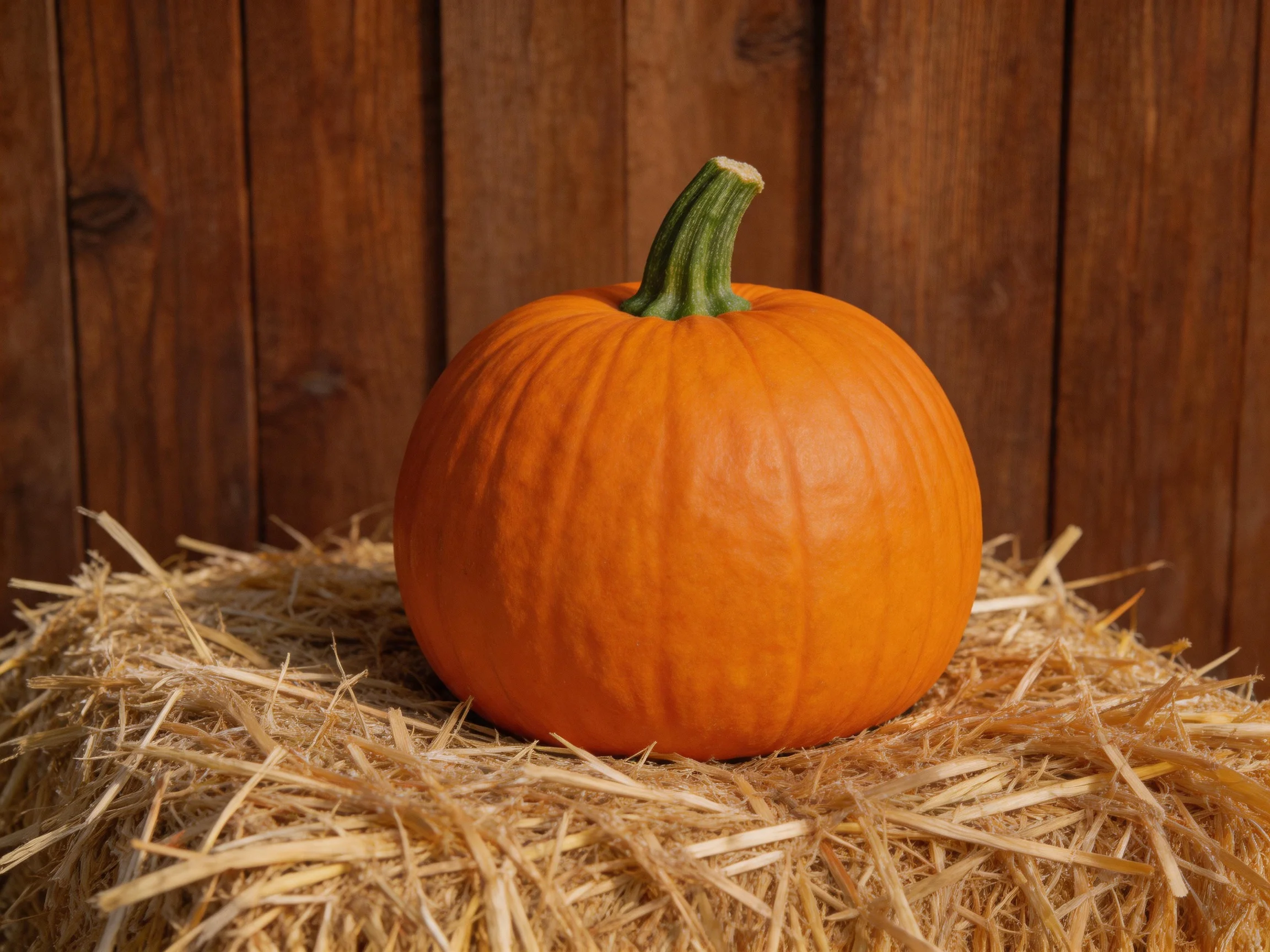 A vibrant orange pumpkin rests on golden straw beside a brown wooden fence