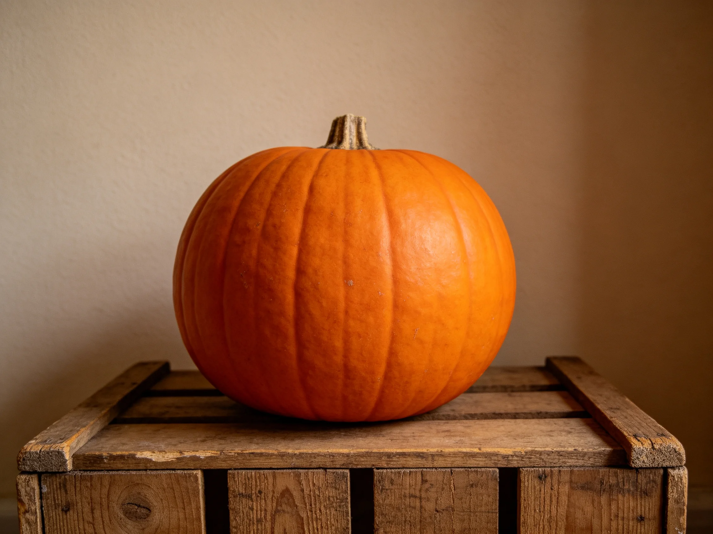 A vibrant orange pumpkin sits atop a rustic wooden crate