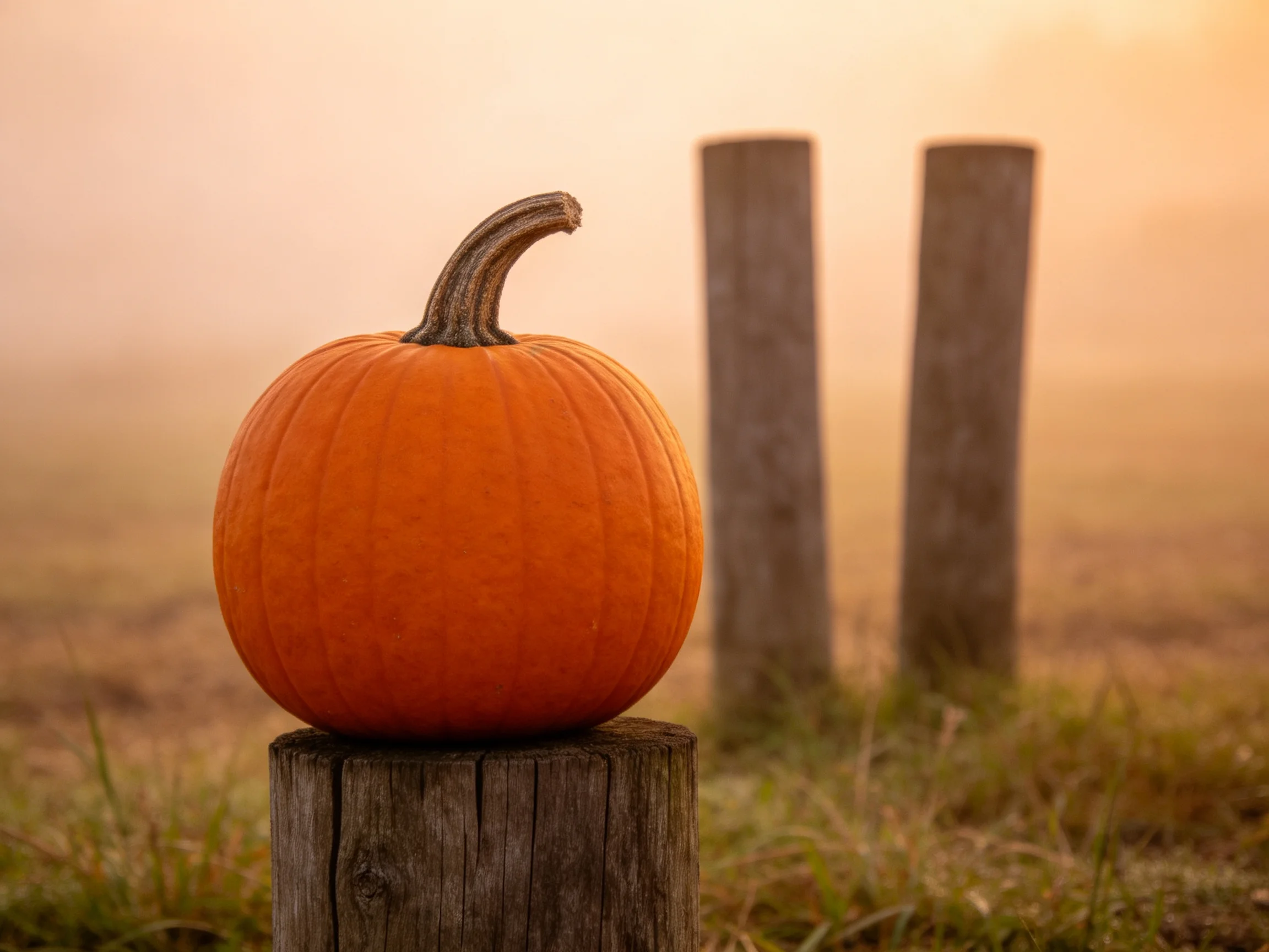 A vibrant orange pumpkin sits atop a weathered wooden post near two fence posts
