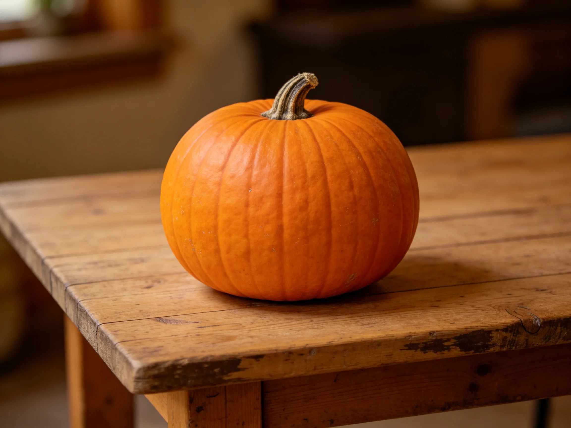 A vibrant orange pumpkin sits atop a weathered wooden table