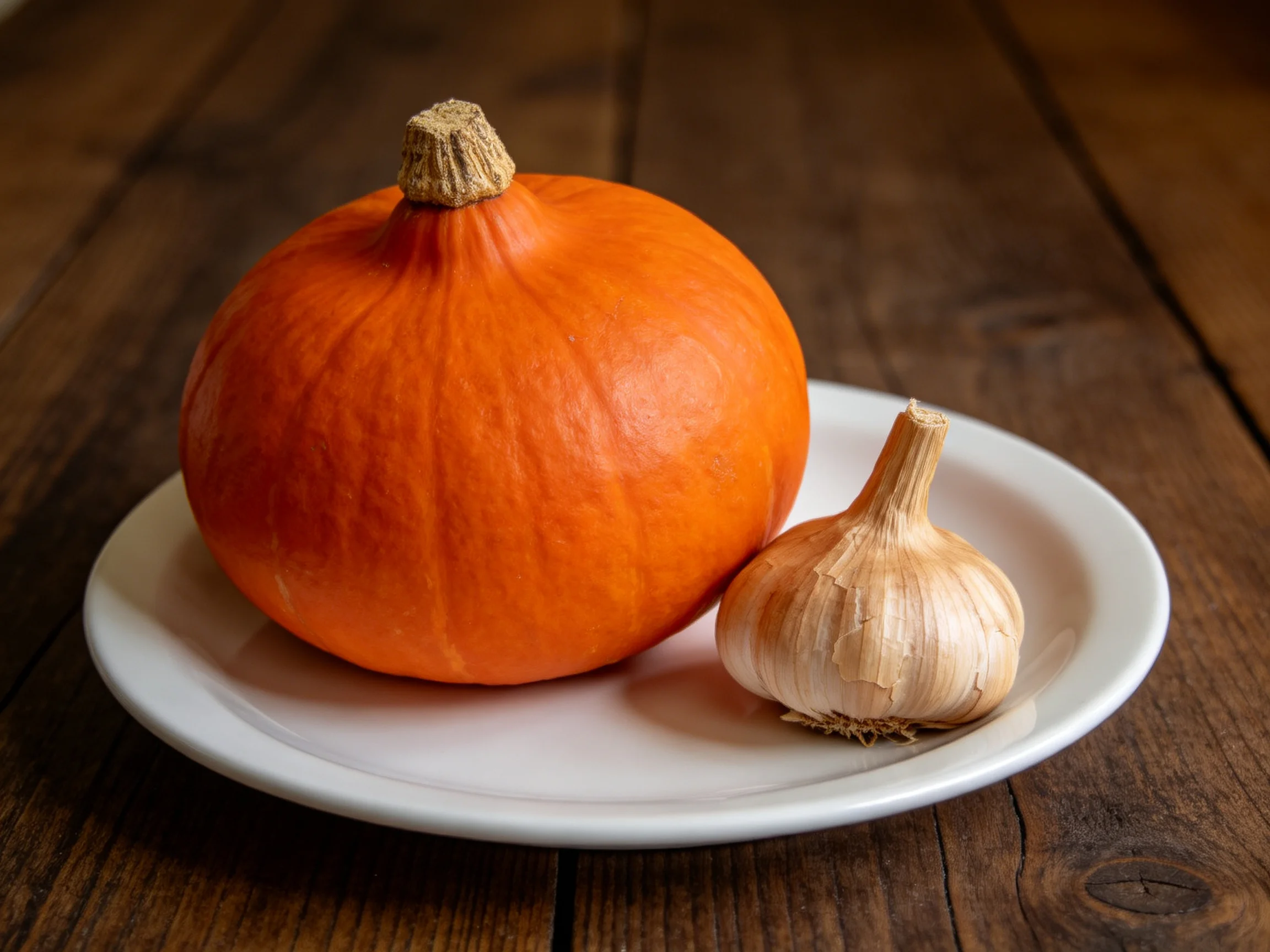 A vibrant orange pumpkin sits beside a garlic bulb on a white plate