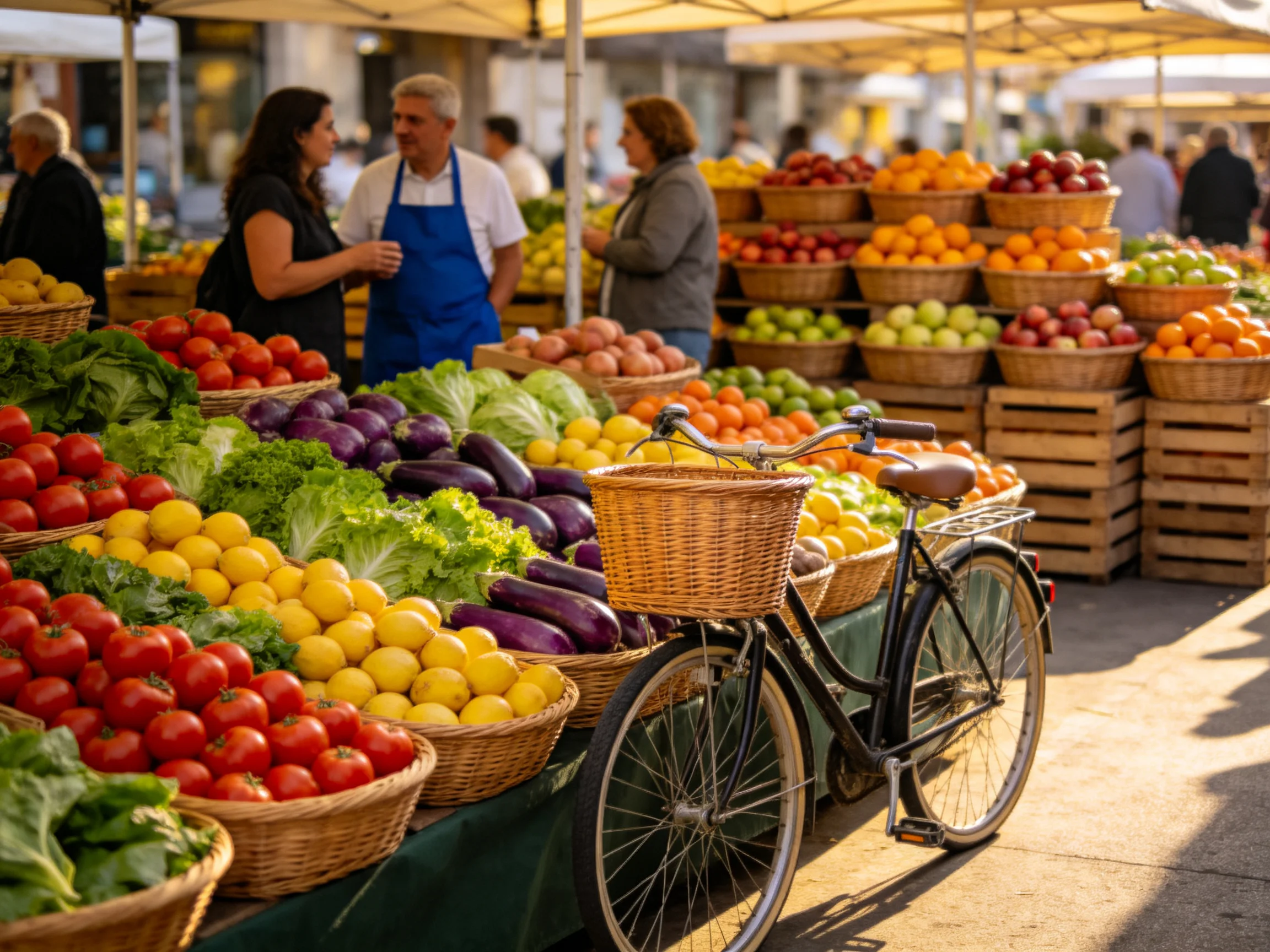 A vibrant outdoor market with diverse fresh produce and vintage bicycle