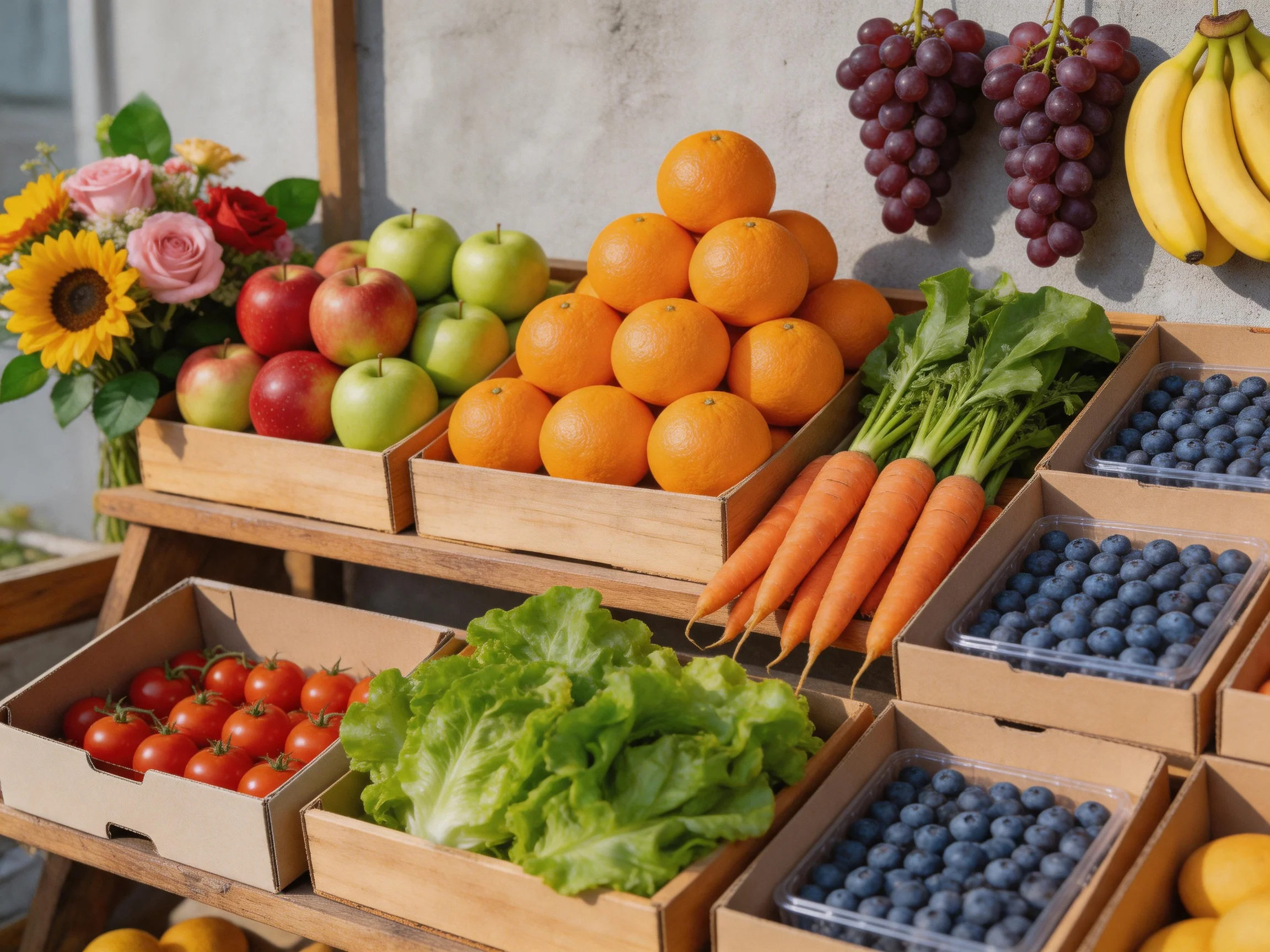 A vibrant outdoor produce display featuring apples, oranges, carrots, blueberries, grapes, and banana