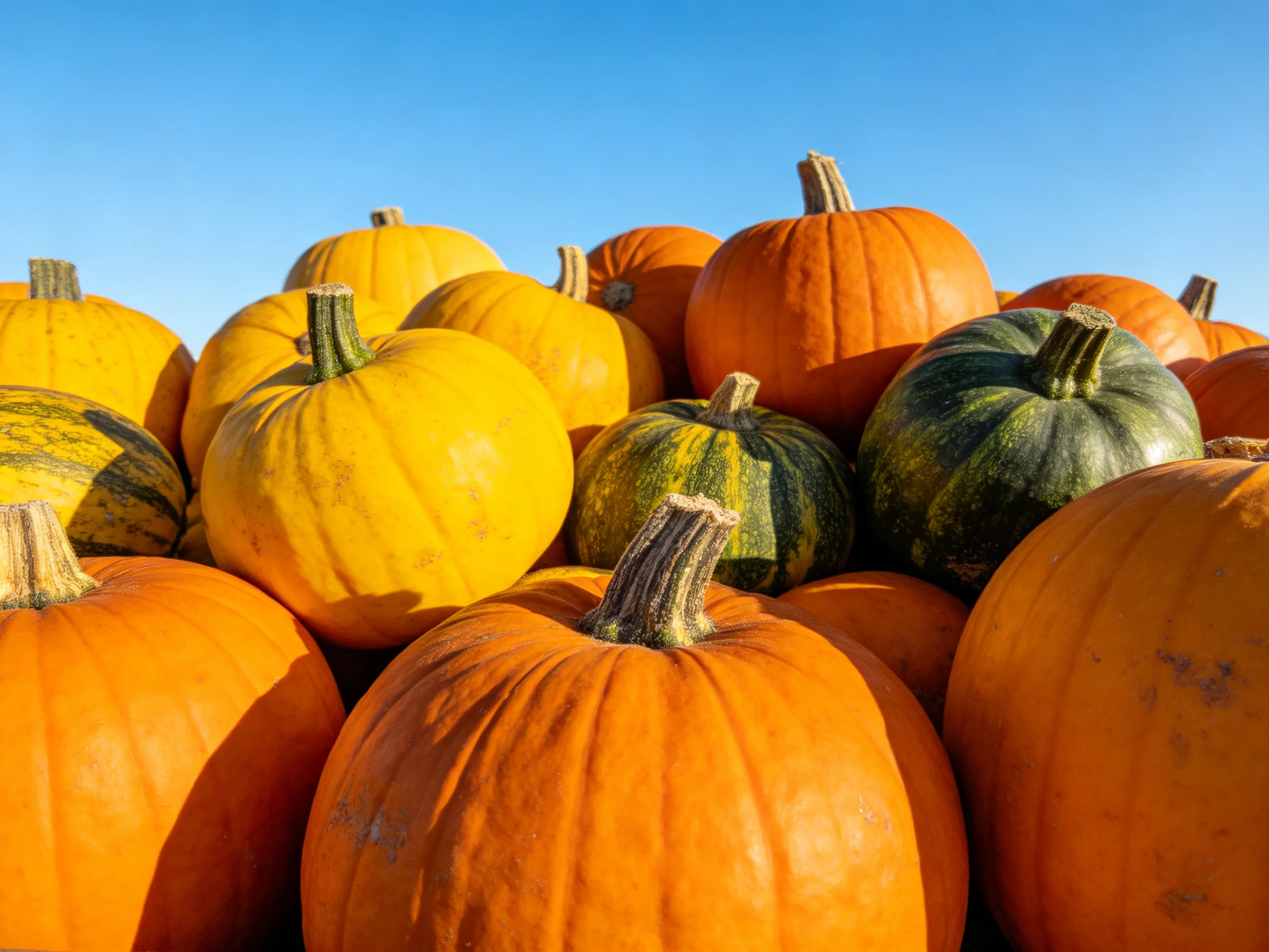 A vibrant pile of assorted pumpkins in orange, yellow, and green hues