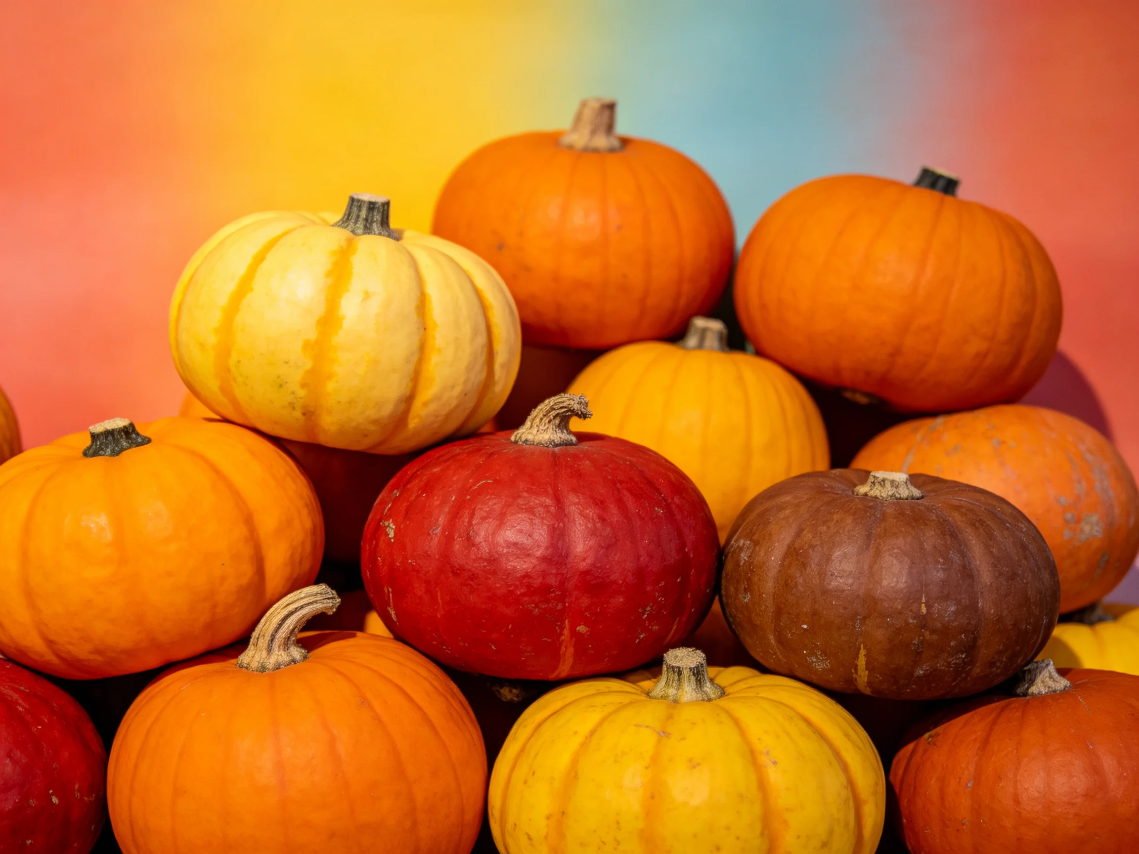 A vibrant pile of assorted small pumpkins in multiple hues