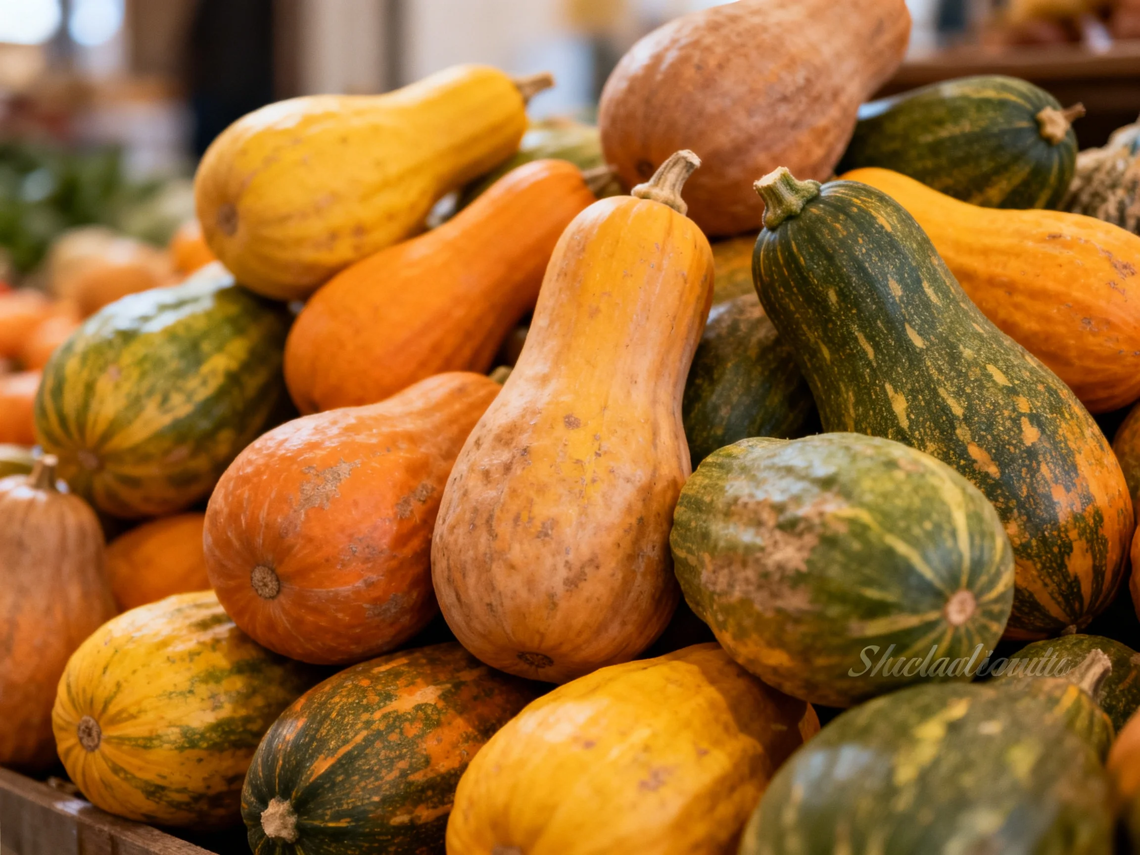 A vibrant pile of assorted squash and pumpkins in earthy and bright tones