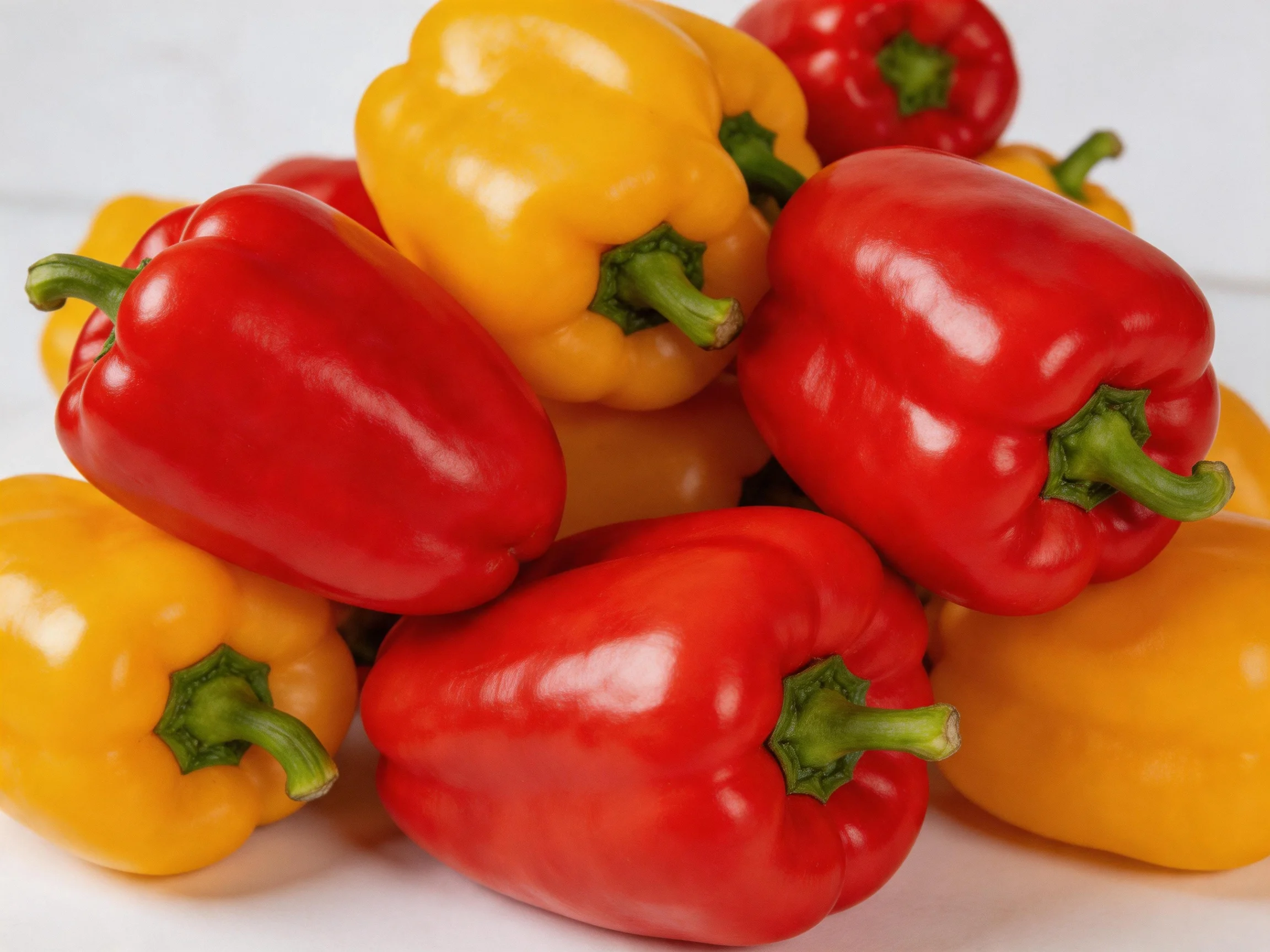A vibrant pile of fresh red and yellow bell peppers