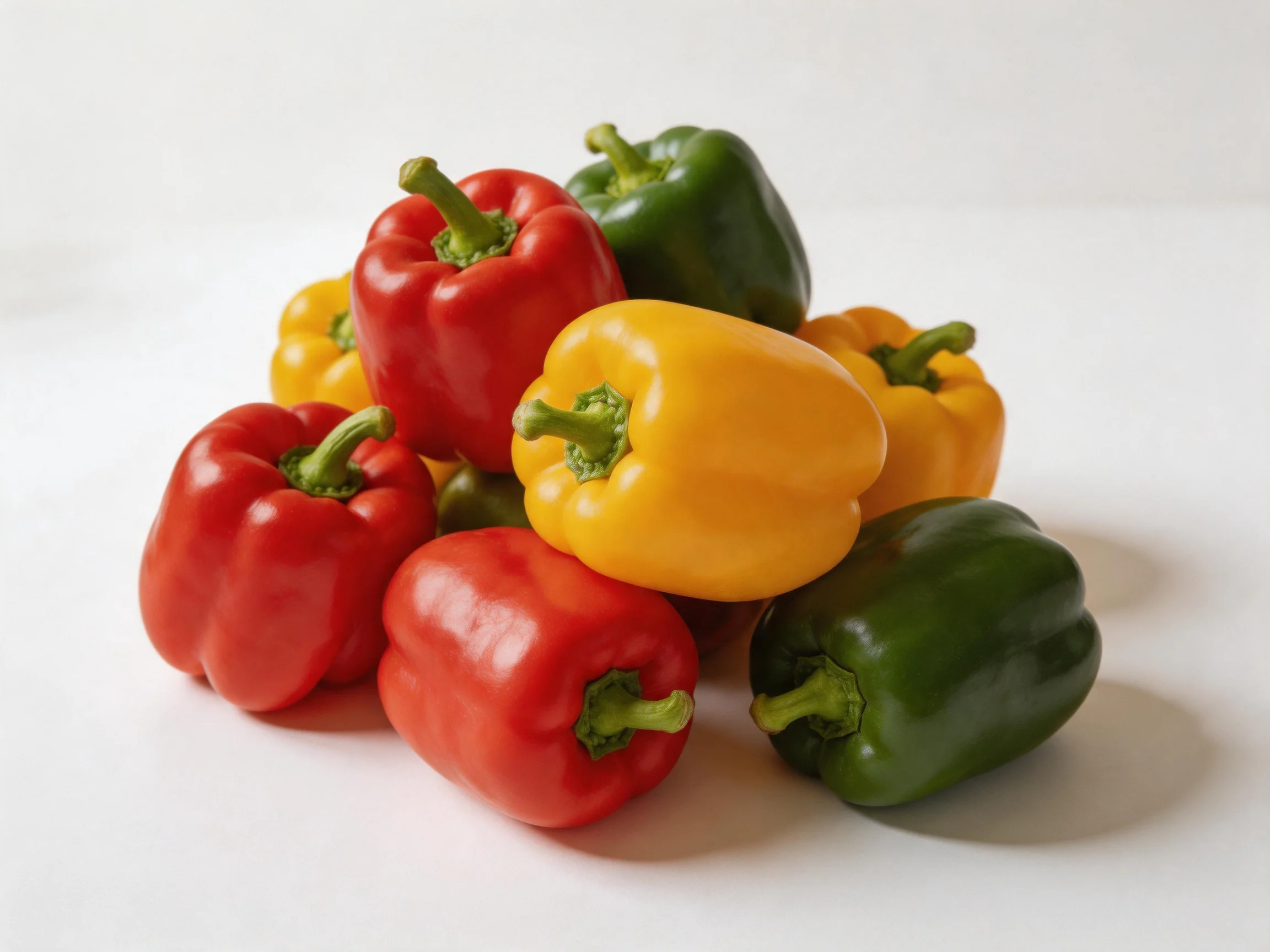 A vibrant pile of red, yellow, and green bell peppers