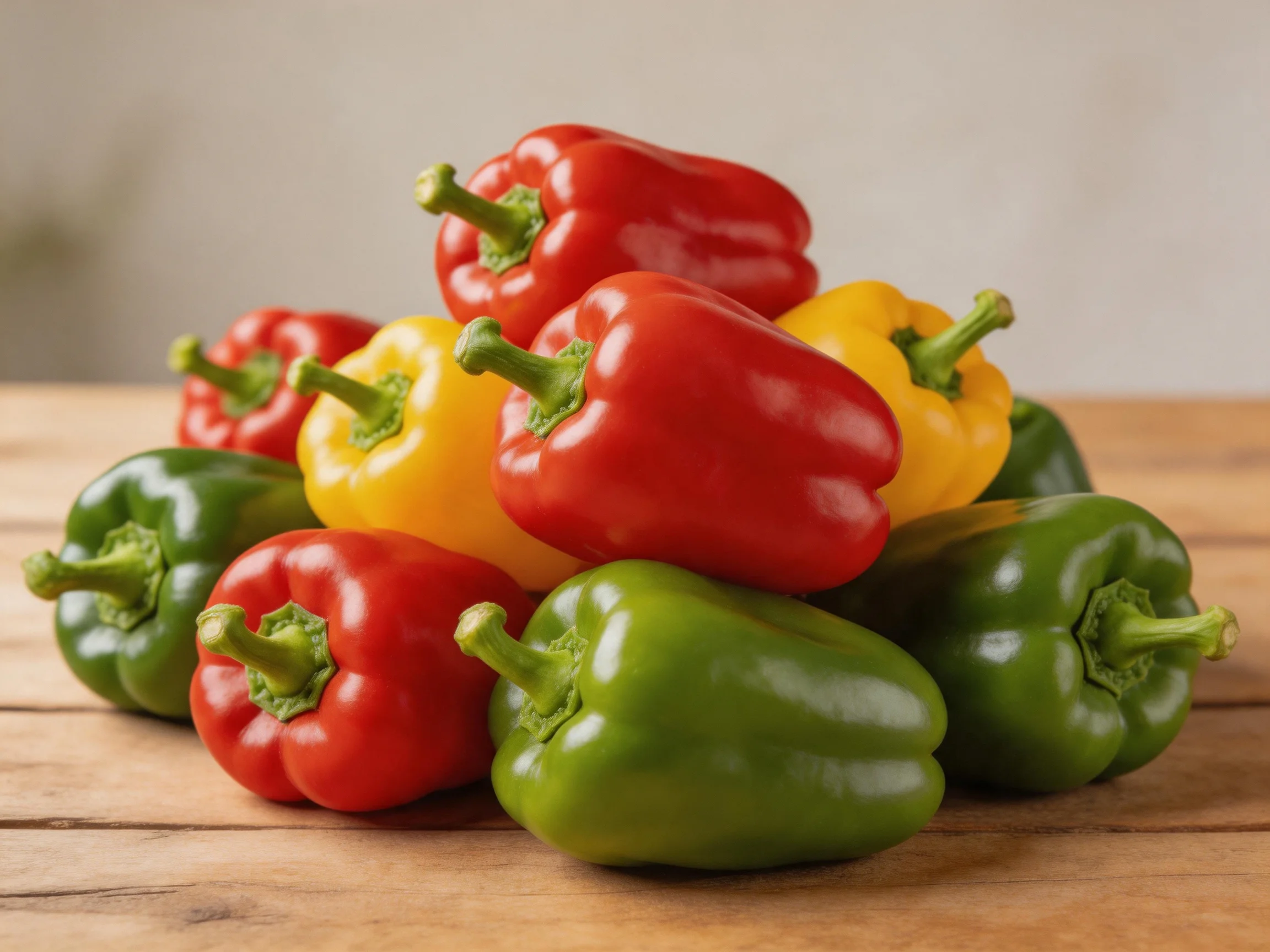 A vibrant pile of red, yellow, and green bell peppers on a wooden surface