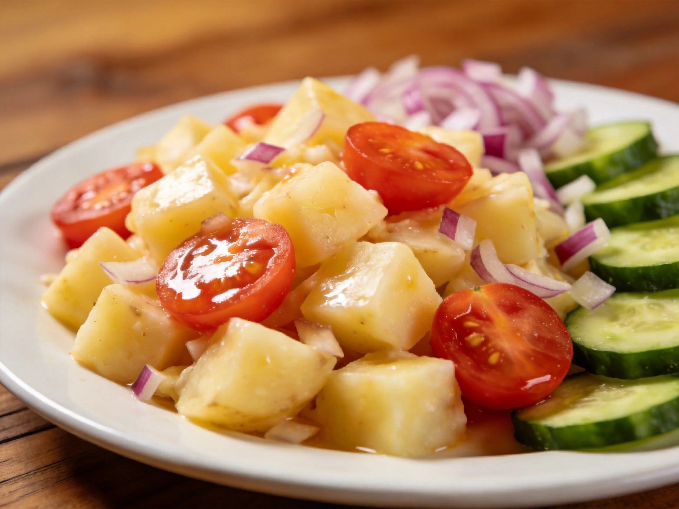 A vibrant plate of potato salad with cherry tomatoes, red onions, and cucumber slices