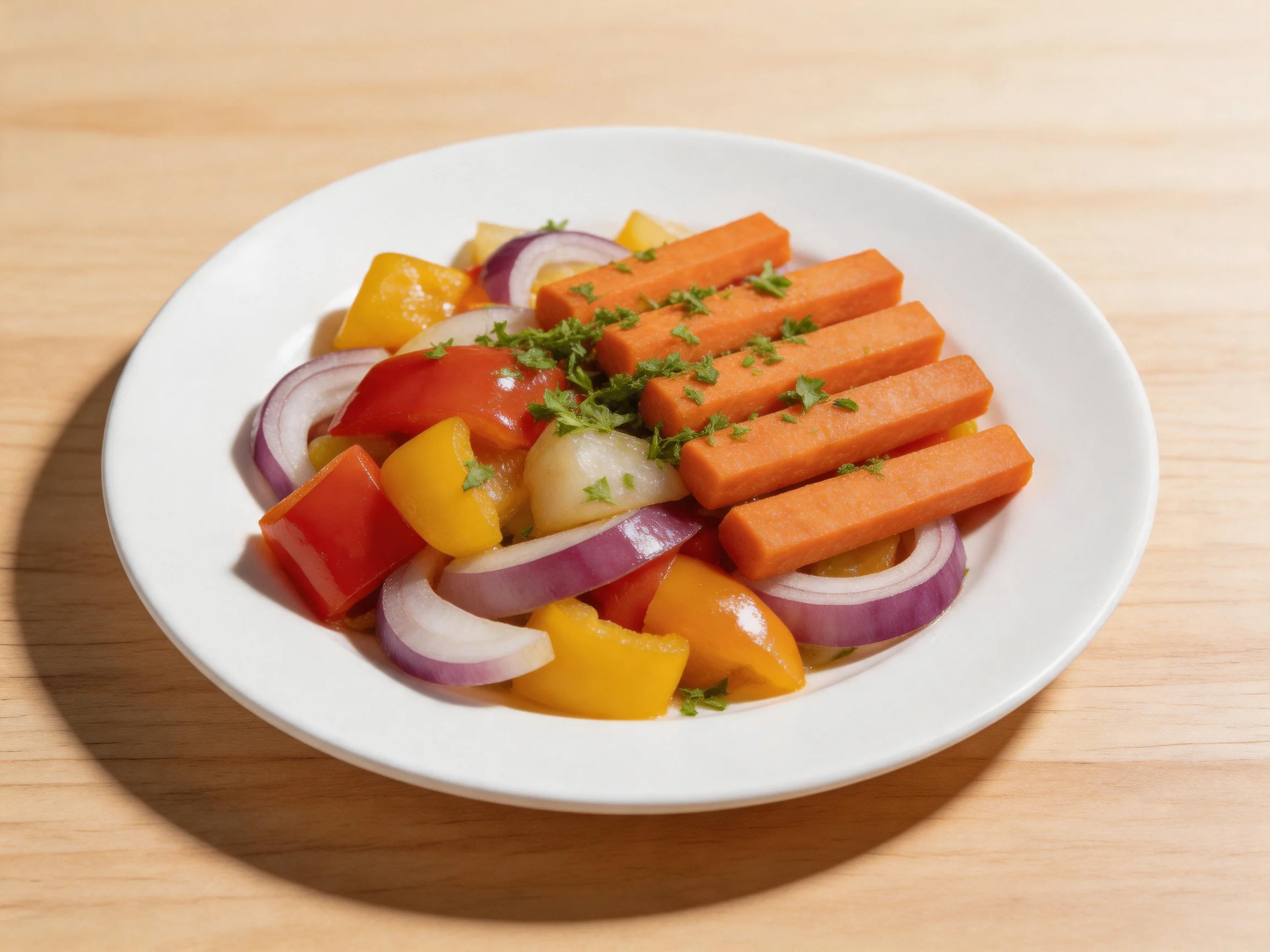 A vibrant platter of sausages, bell peppers, onions, and herb garnish