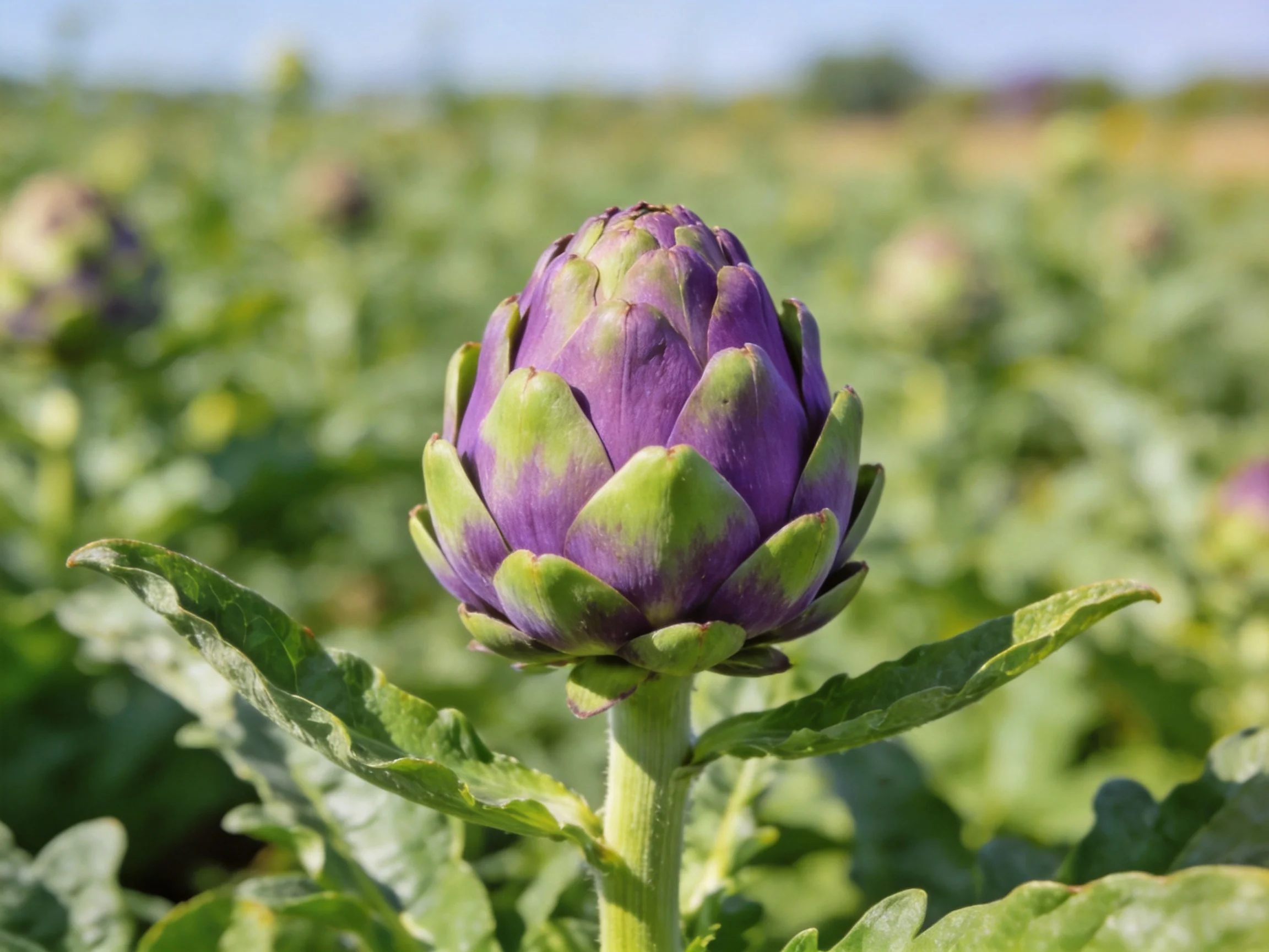 A vibrant purple and green artichoke bud in a lush green field