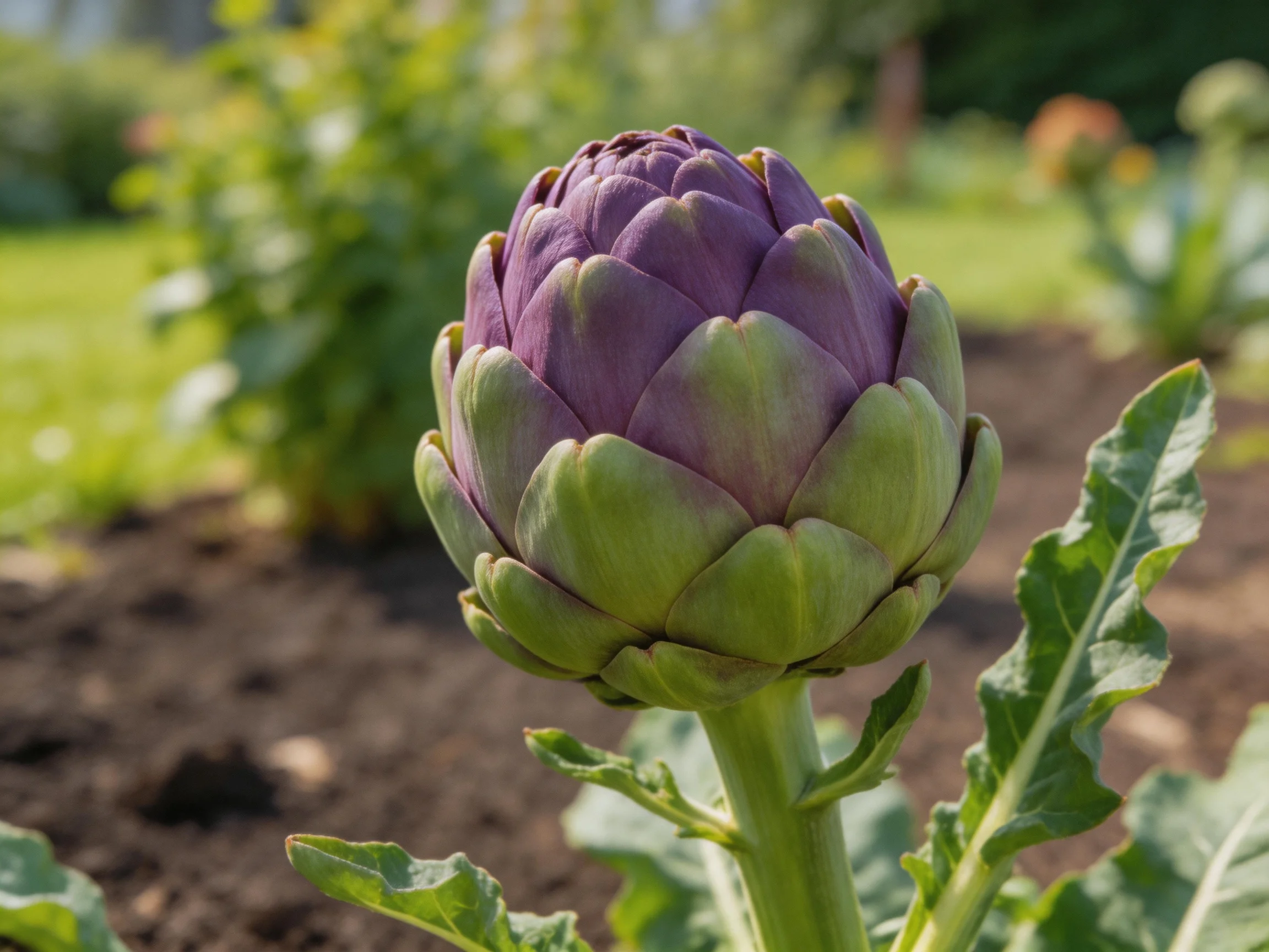 A vibrant purple artichoke bud in a sunlit garden bed