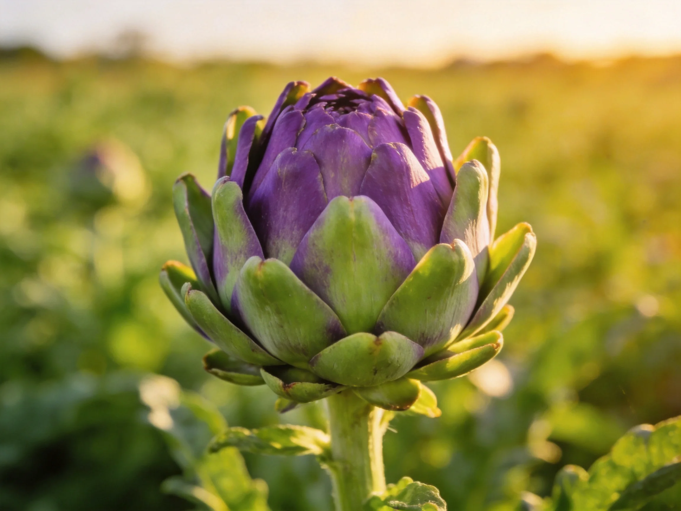 A vibrant purple artichoke bud in a sunlit green field