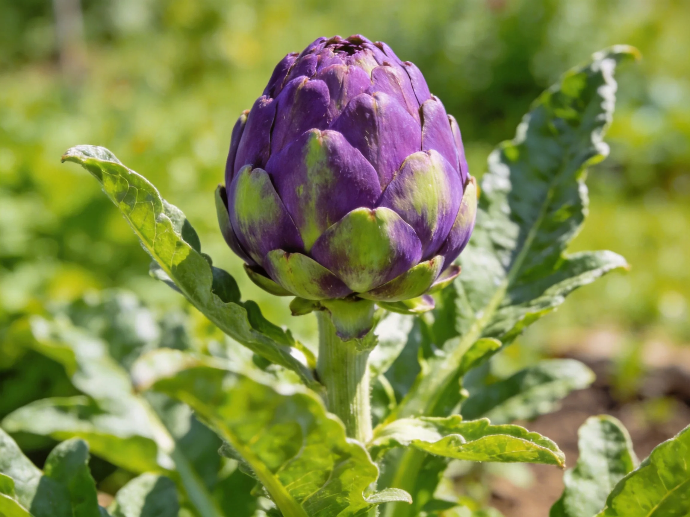 A vibrant purple artichoke bud with broad green leaves