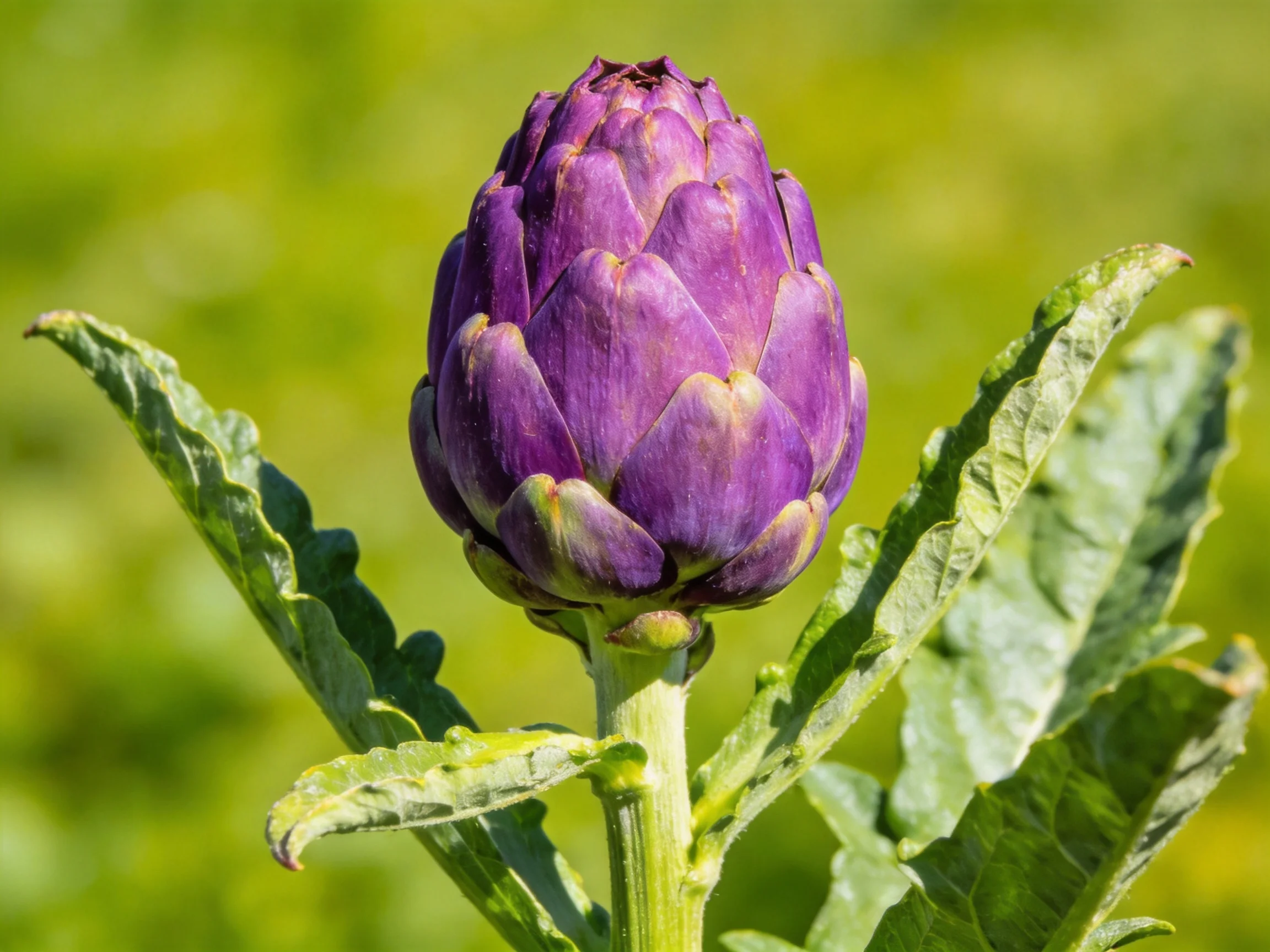 A vibrant purple artichoke bud with broad green leaves