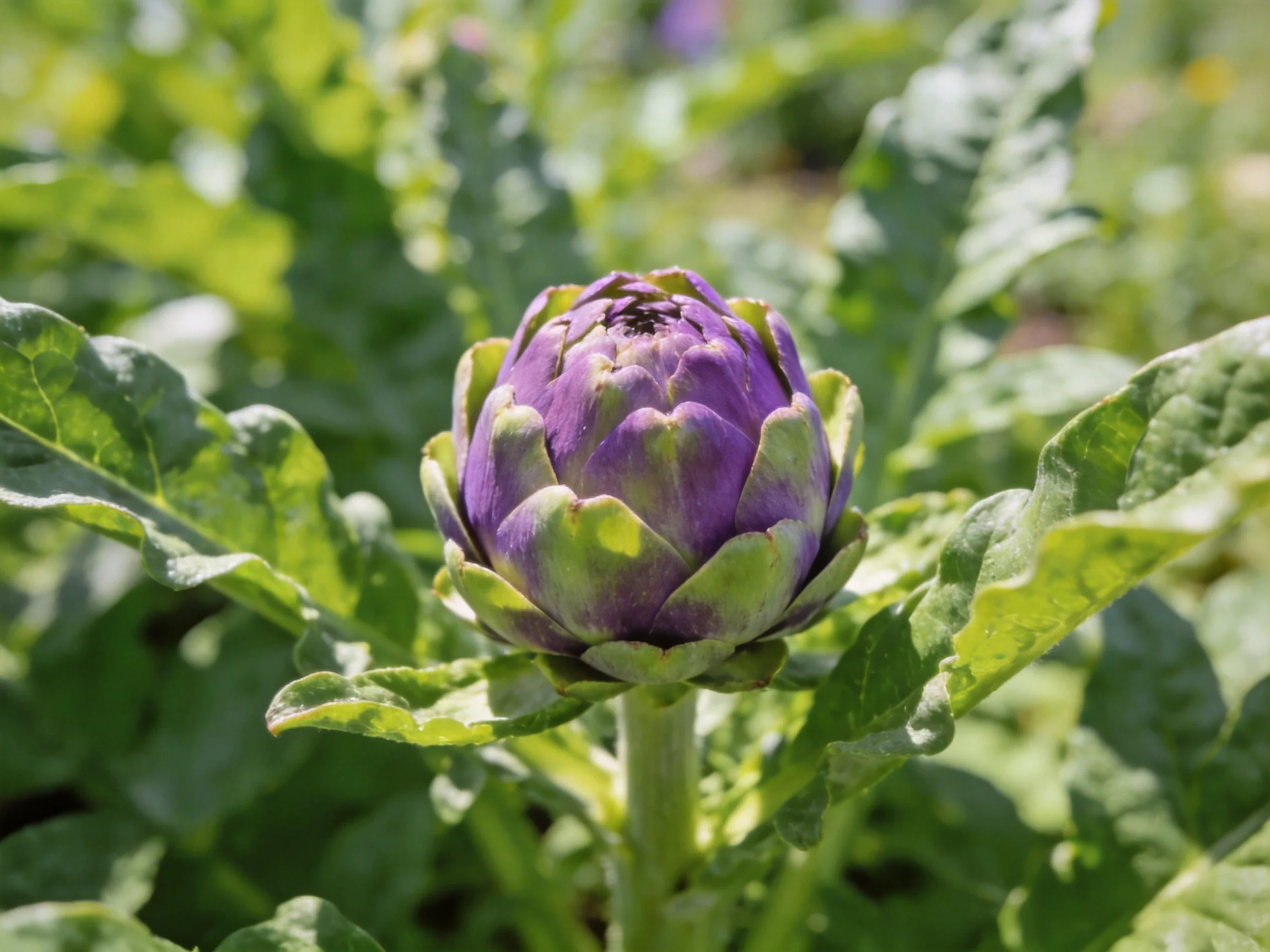 A vibrant purple artichoke bud with green accents amid broad leaves