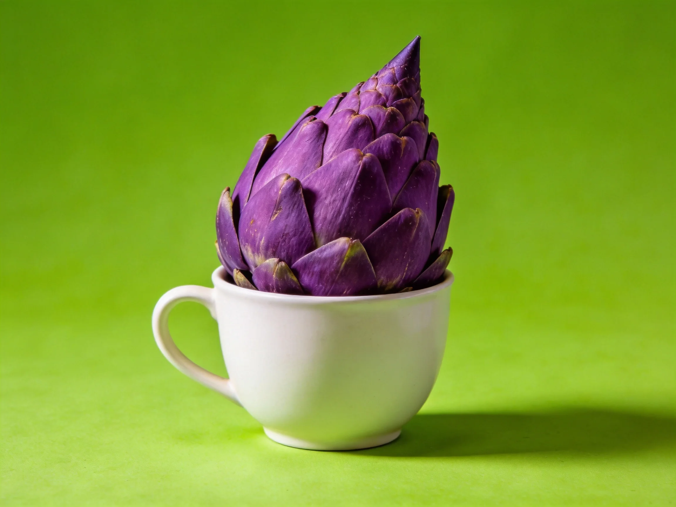 A vibrant purple artichoke nestled in a white cup atop a bright green surface