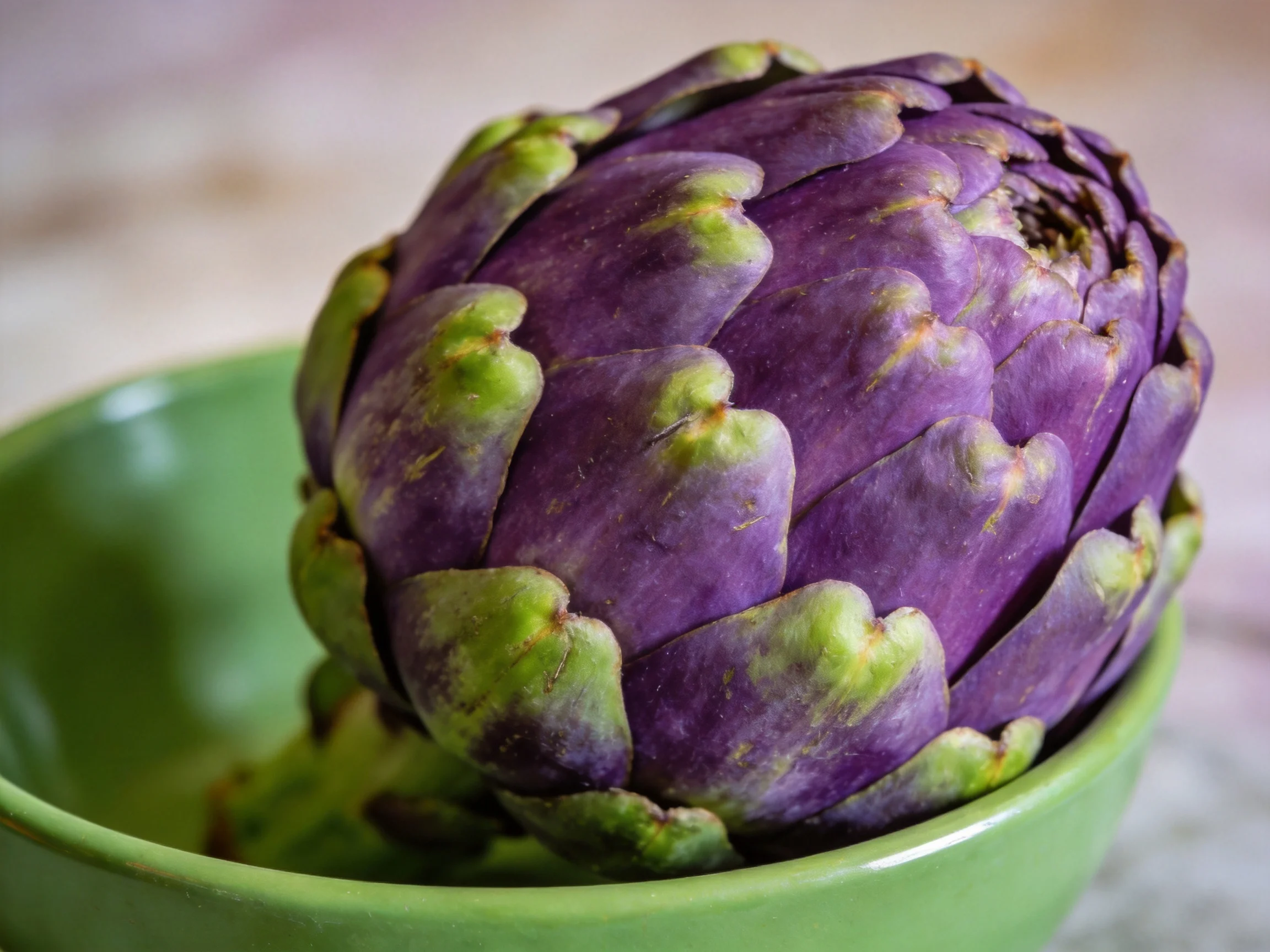 A vibrant purple artichoke sits in a green ceramic bowl
