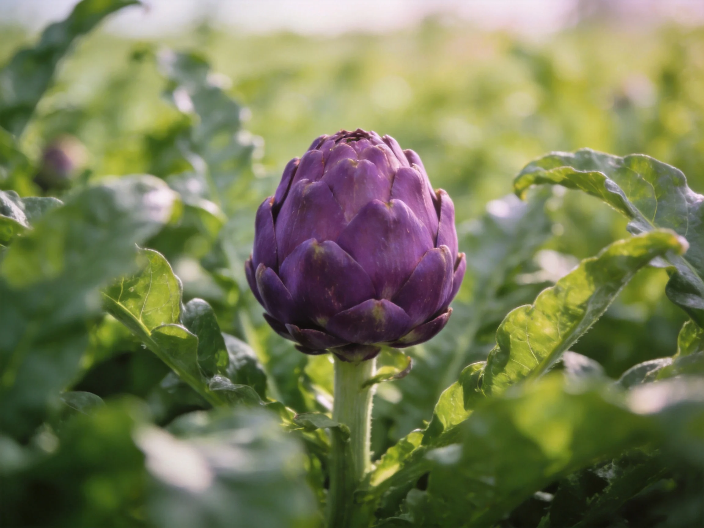 A vibrant purple artichoke stands among lush green foliage