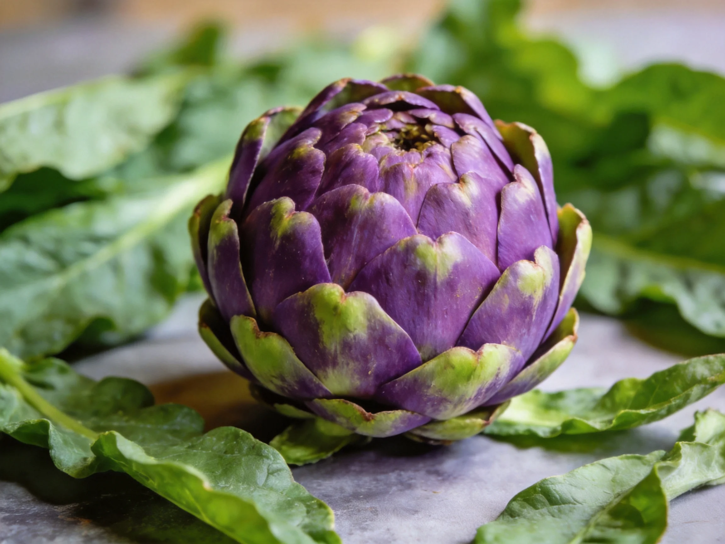 A vibrant purple artichoke with green leaves scattered around