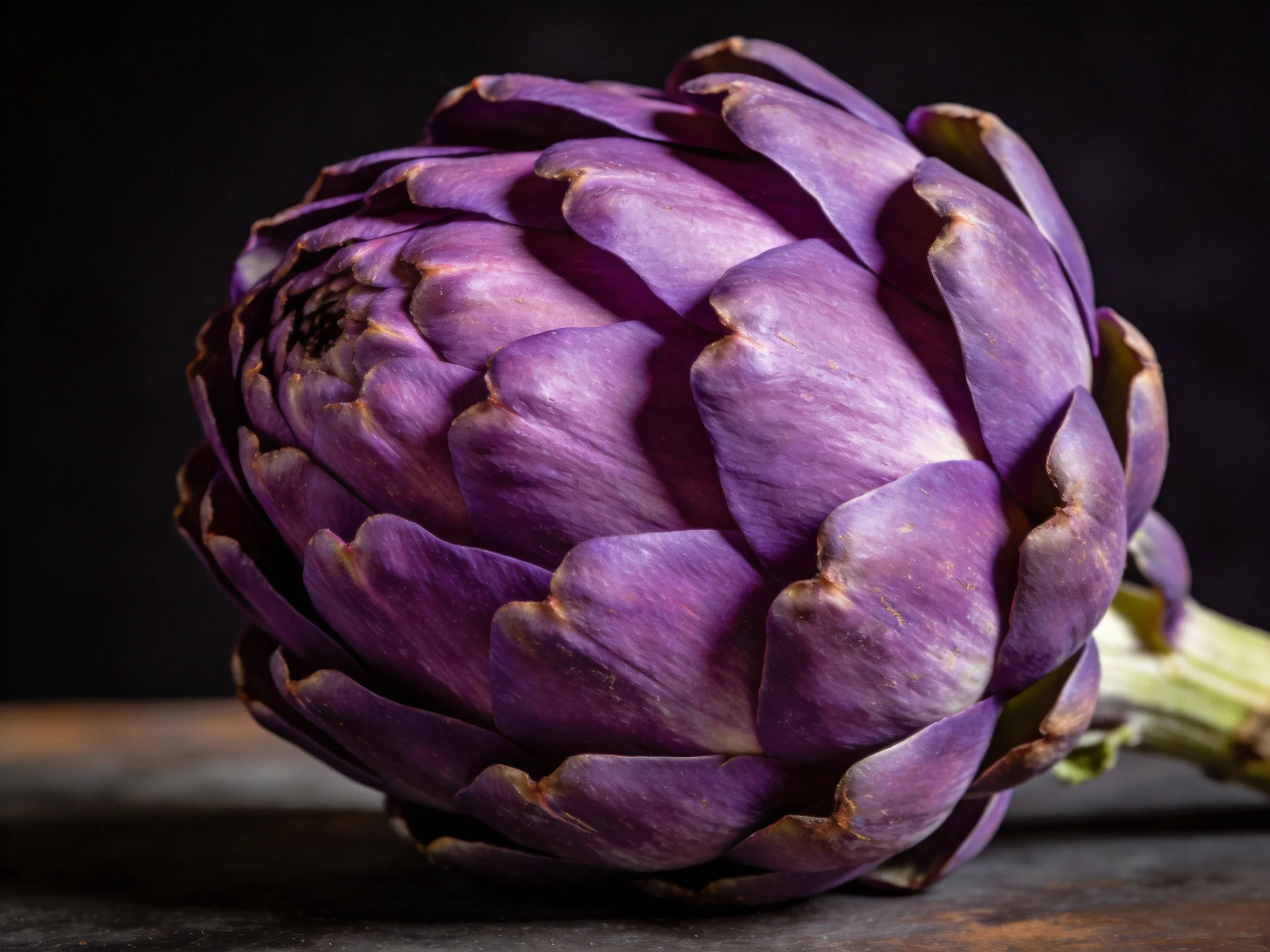 A vibrant purple artichoke with layered petals resting on a dark surface