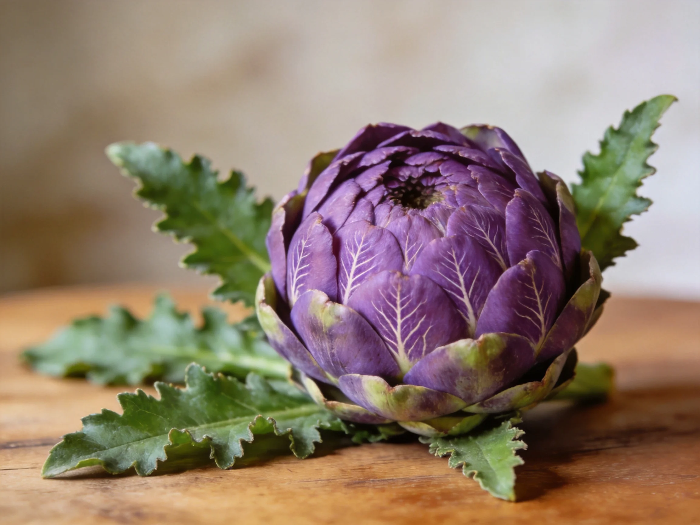 A vibrant purple artichoke with textured green leaves on a wooden surface