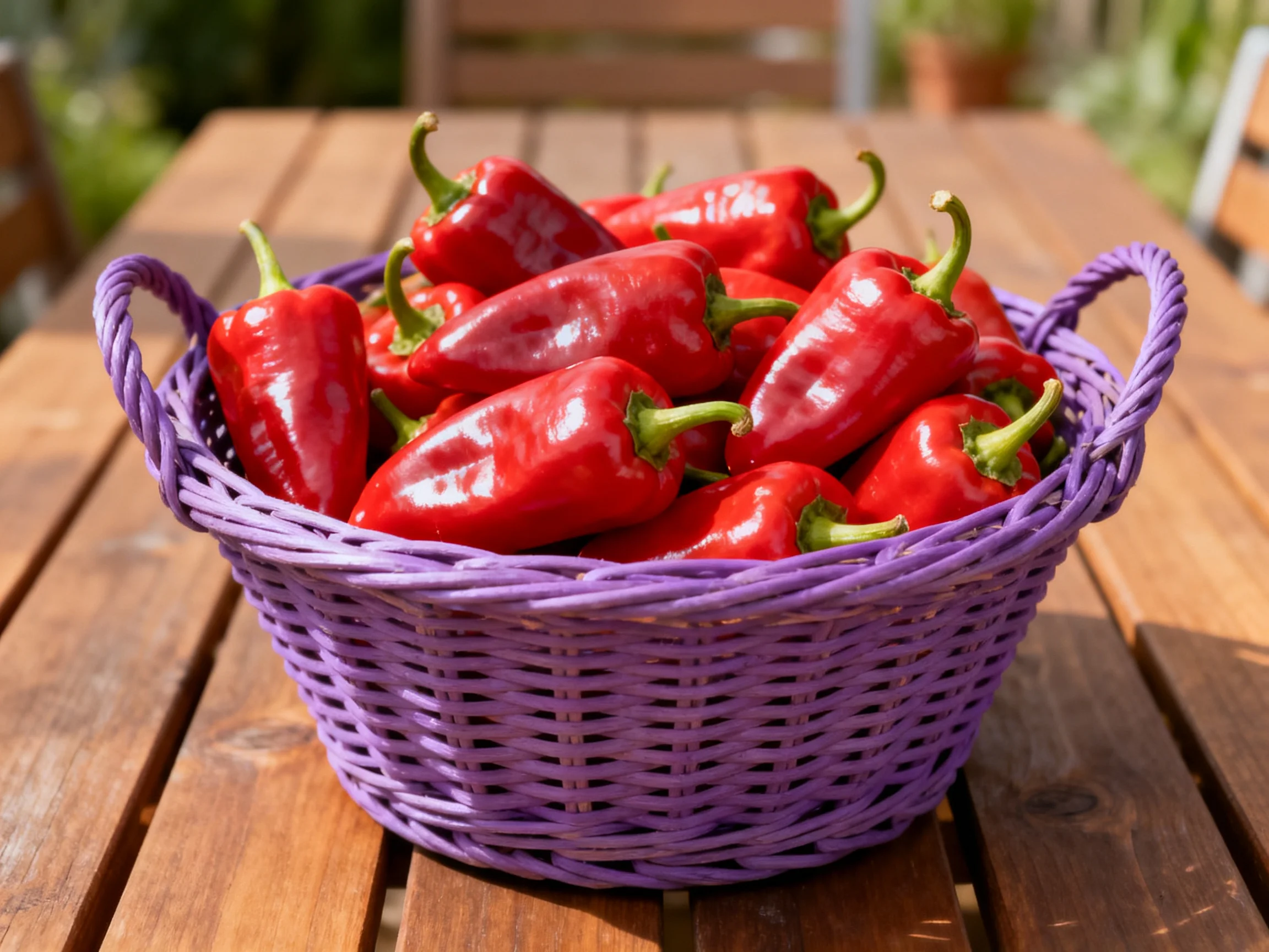 A vibrant purple basket holds glossy red bell peppers on a wooden outdoor table
