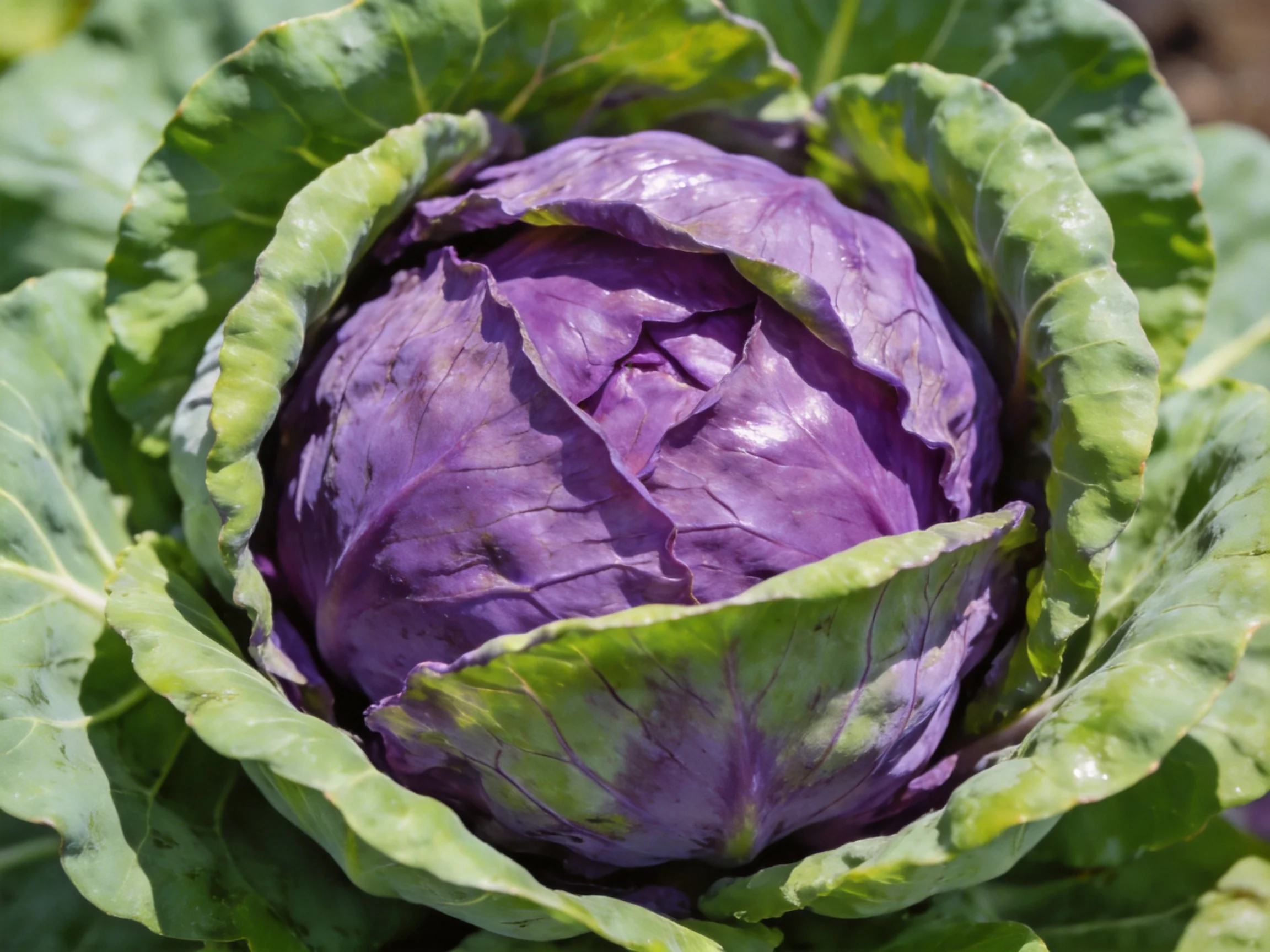 A vibrant purple cabbage nestled among broad green leaves